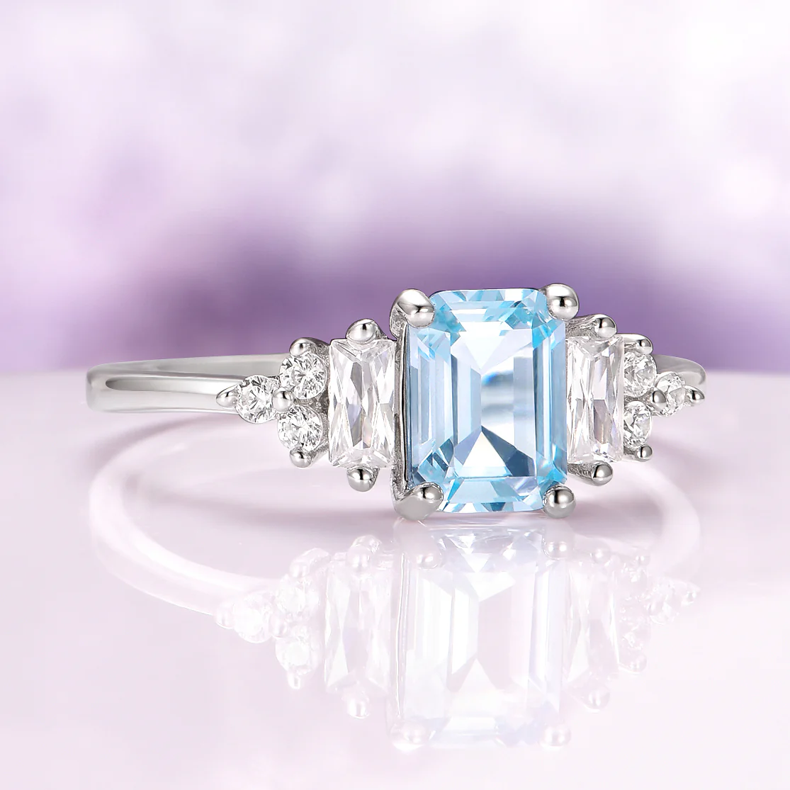 Amelia Emerald Cut Aquamarine Engagement Ring in Sterling Silver - Image 6