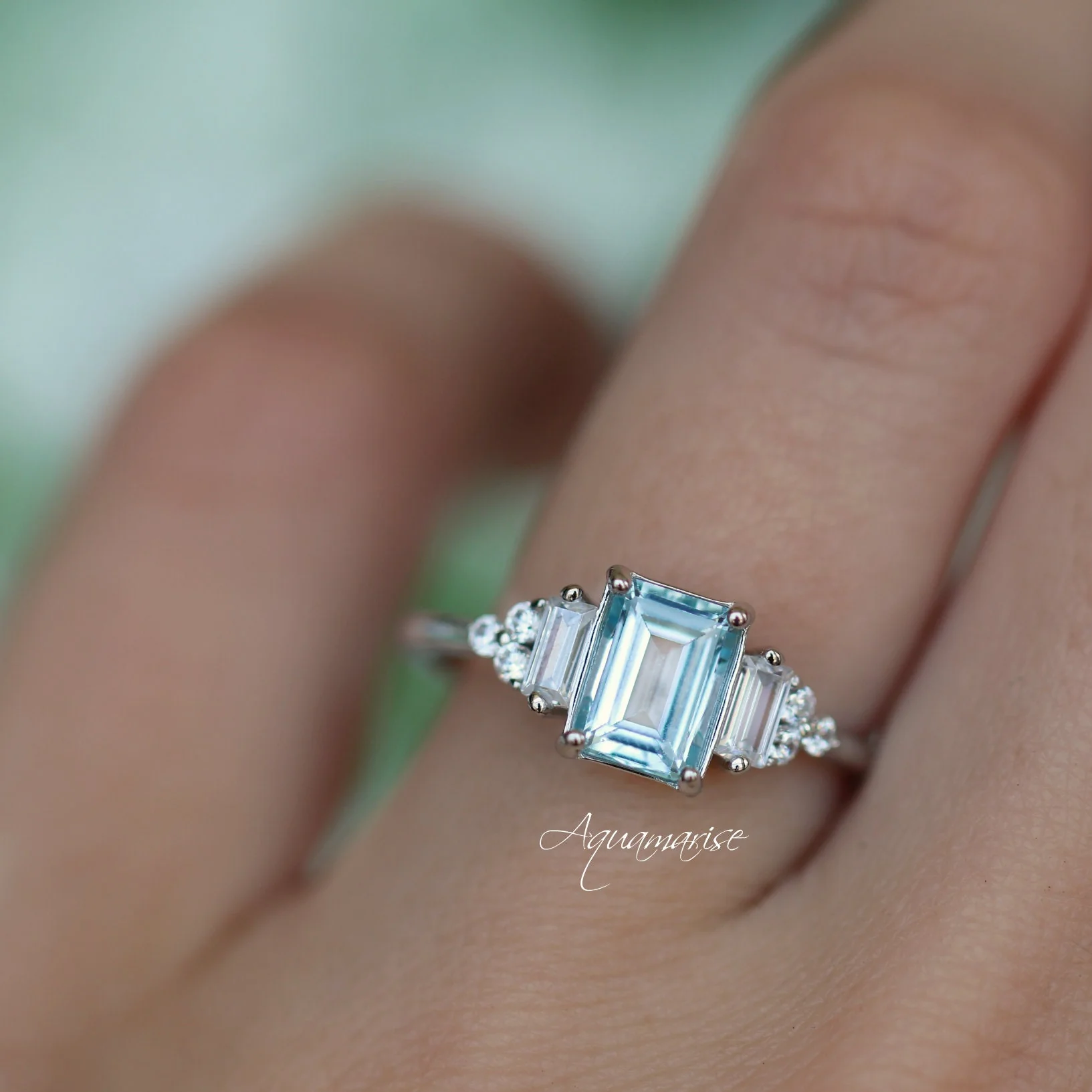 Amelia Emerald Cut Aquamarine Engagement Ring in Sterling Silver - Image 3