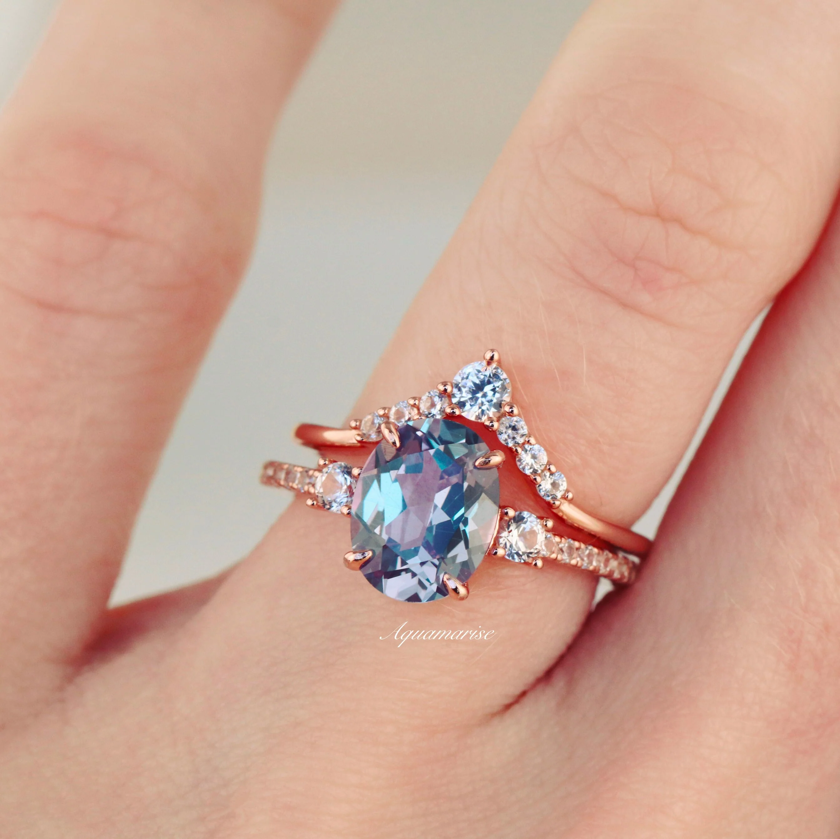 Bella Oval Cut Alexandrite Ring Set in 14K Rose Gold Vermeil - Image 4