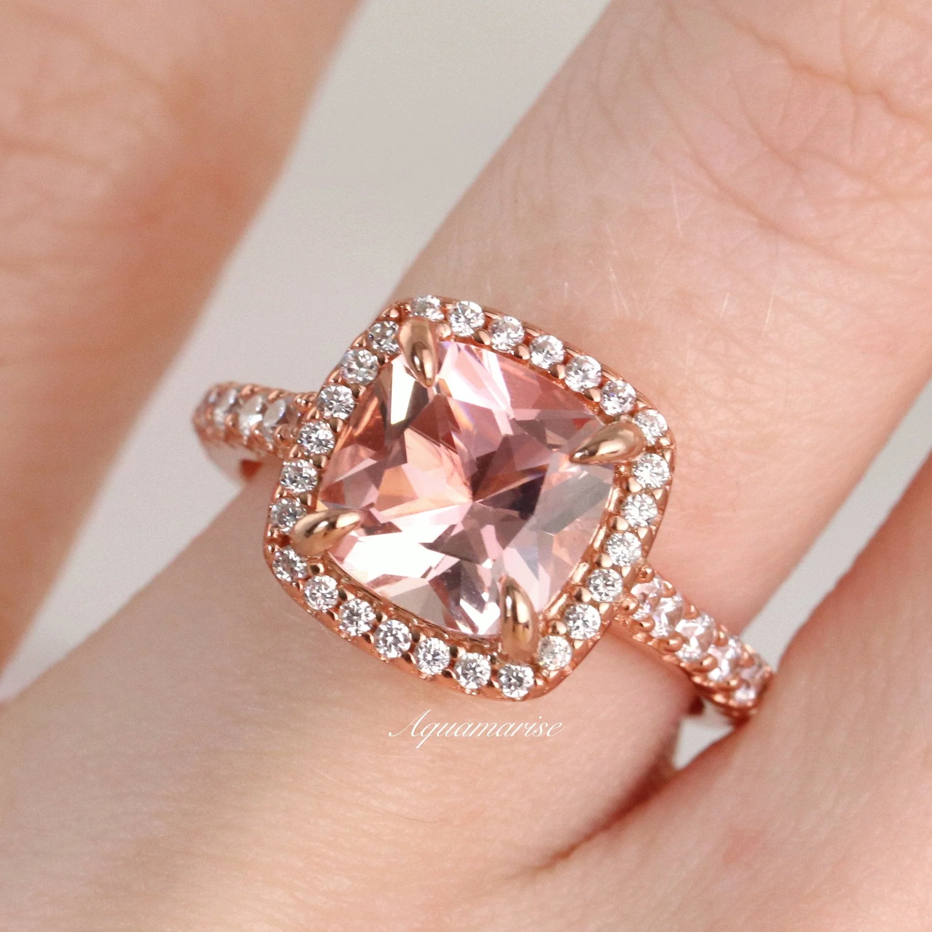 Belle Cushion Cut Natural Morganite Engagement Ring in 14K Solid Rose Gold - Image 4