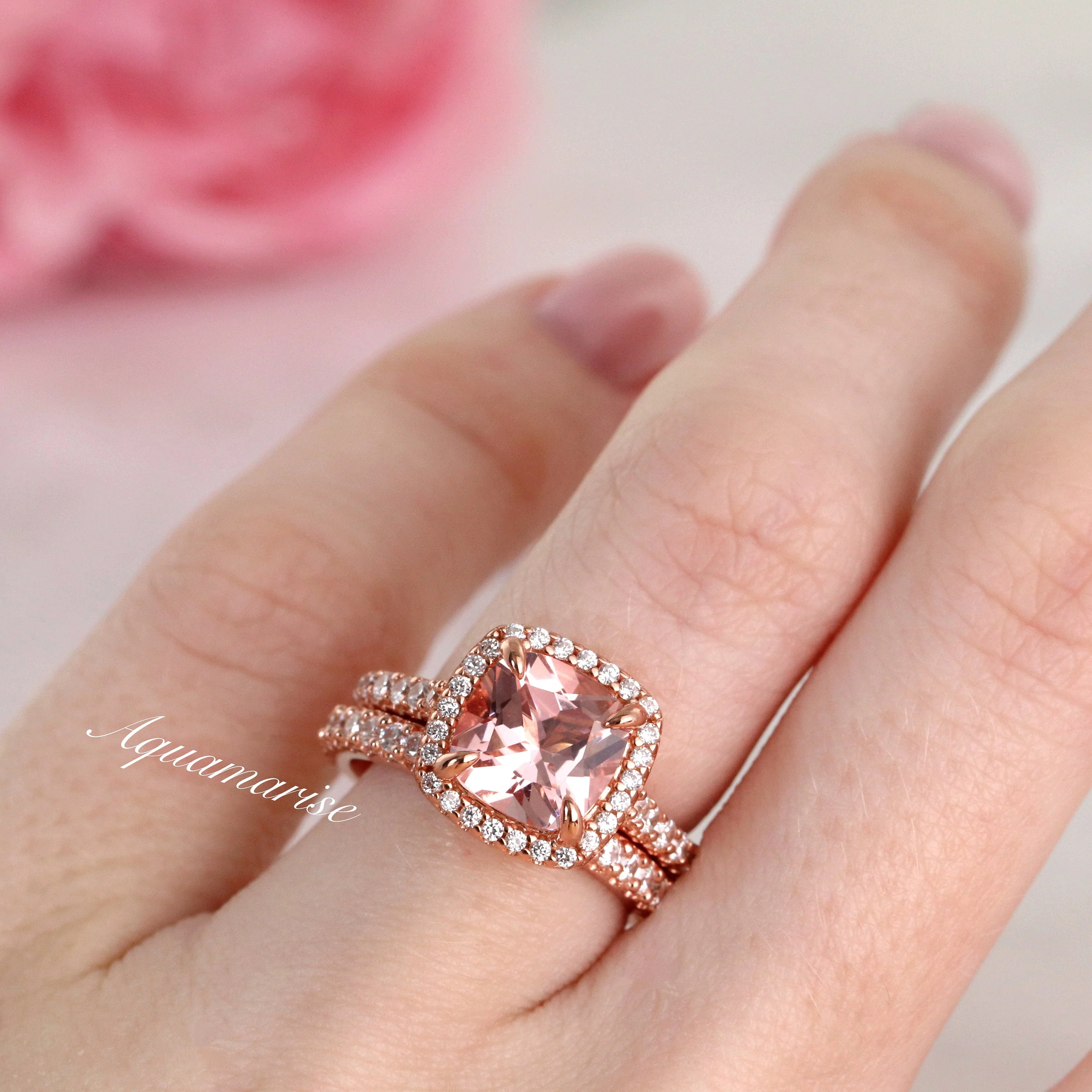 Belle Cushion Cut Natural Morganite Engagement Ring in 14K Solid Rose Gold - Image 5