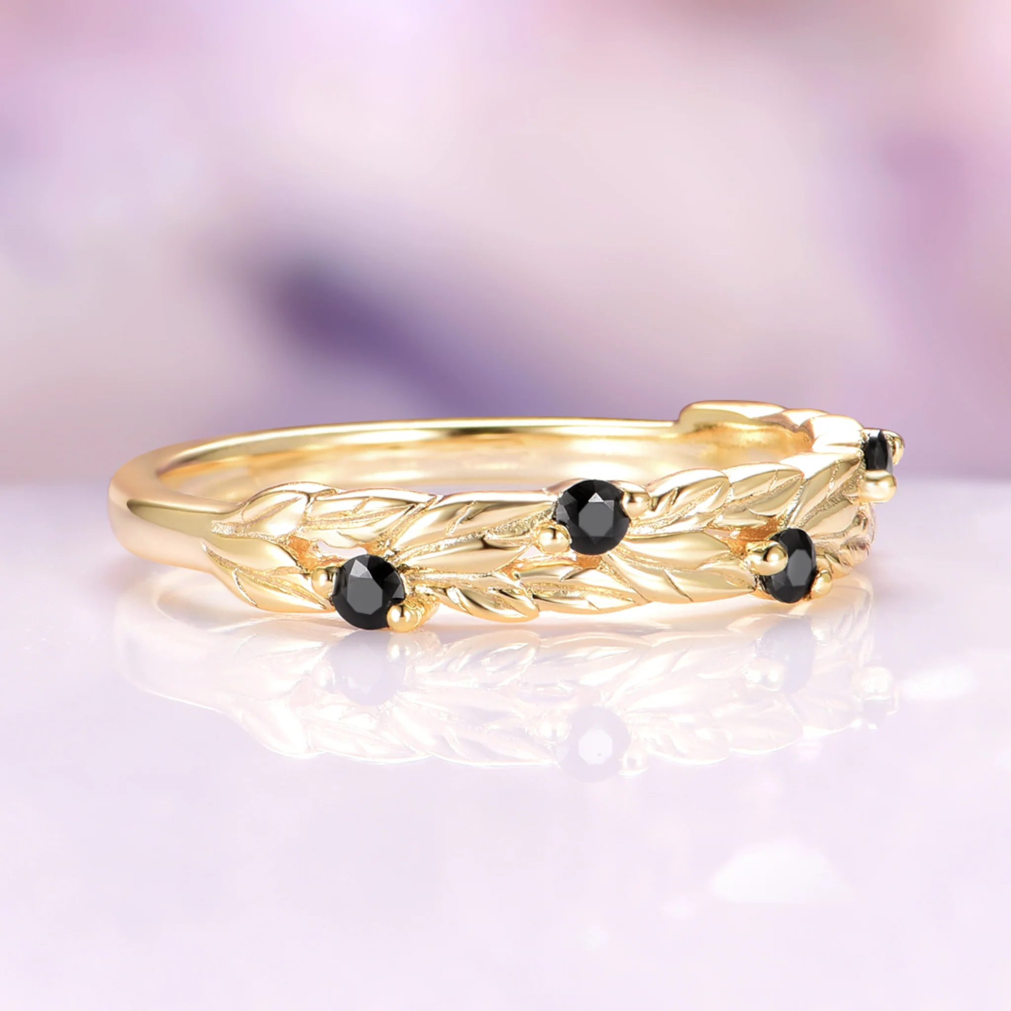 Black Moissanite Leaf Band in 14K Yellow Gold - Image 3