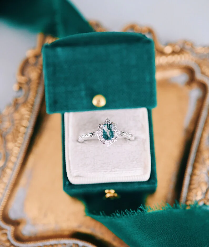 Vintage Green Moss Agate Engagement Ring in Sterling Silver - Image 4