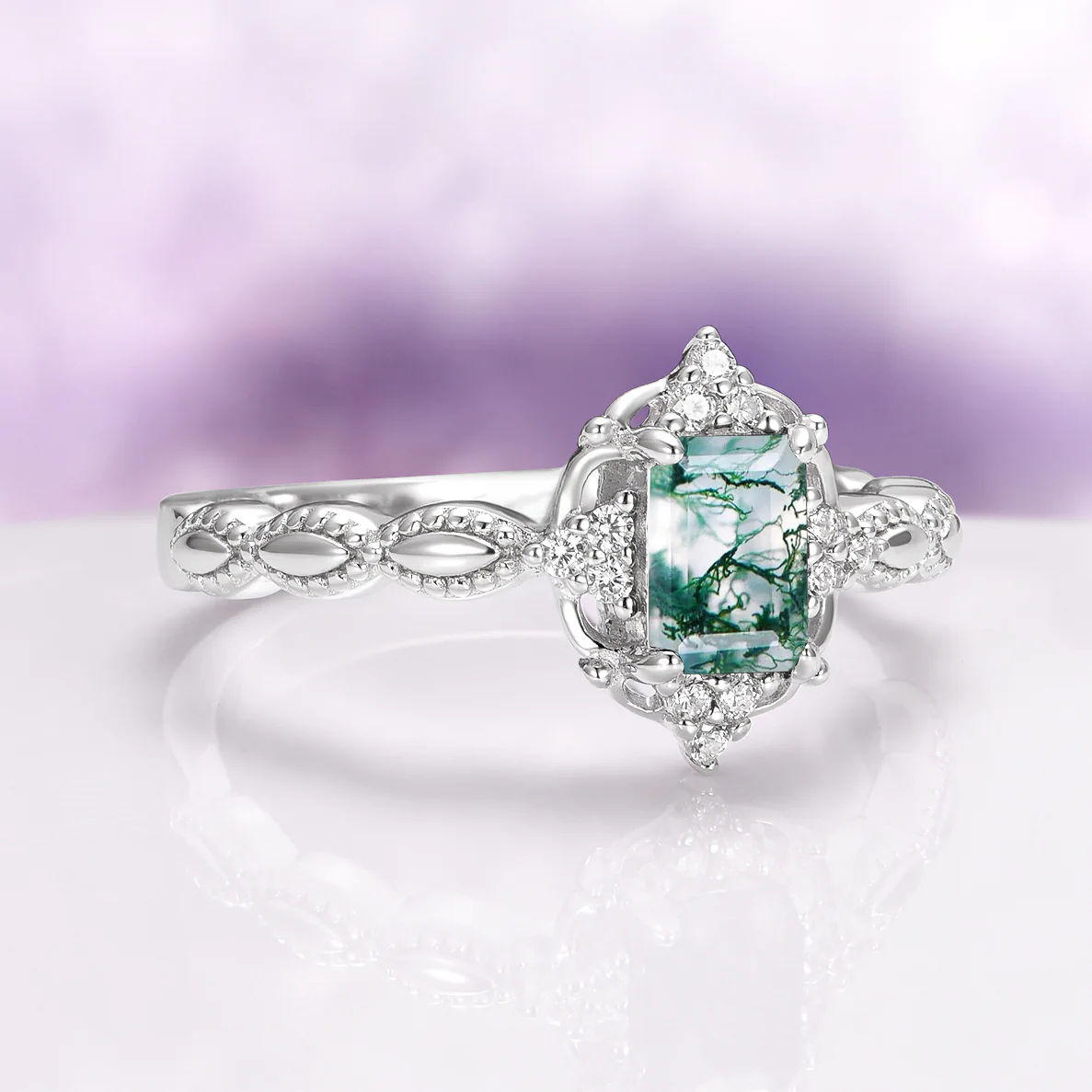 Vintage Green Moss Agate Engagement Ring in Sterling Silver - Image 7