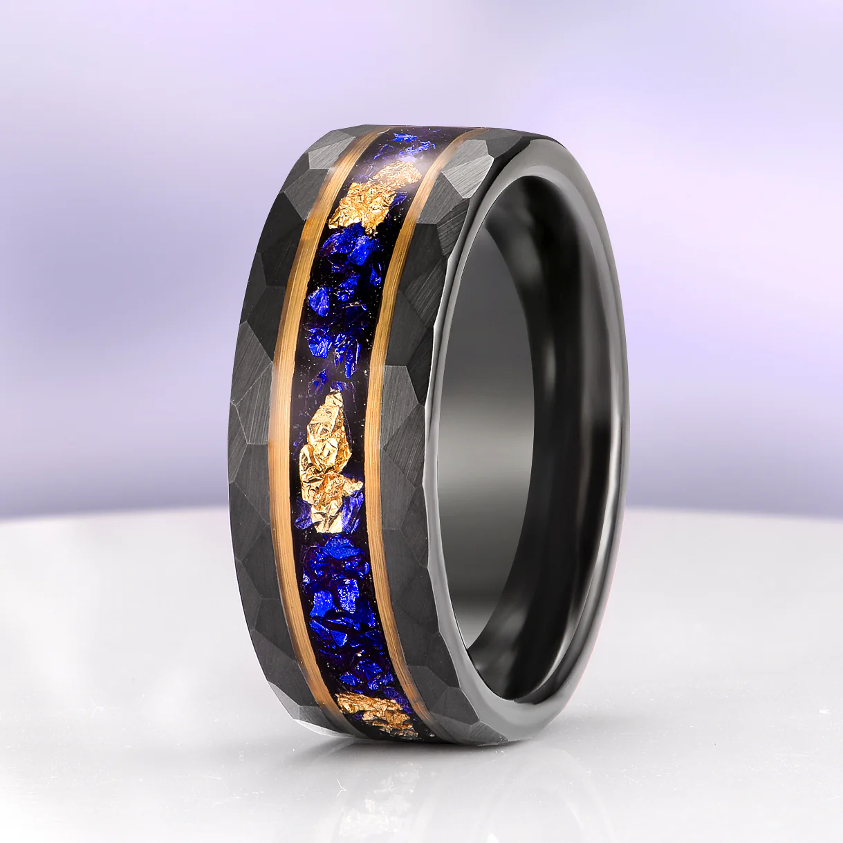 Coffin Cut Blue Sapphire and Gold Leaf Couples Ring Set - Image 3