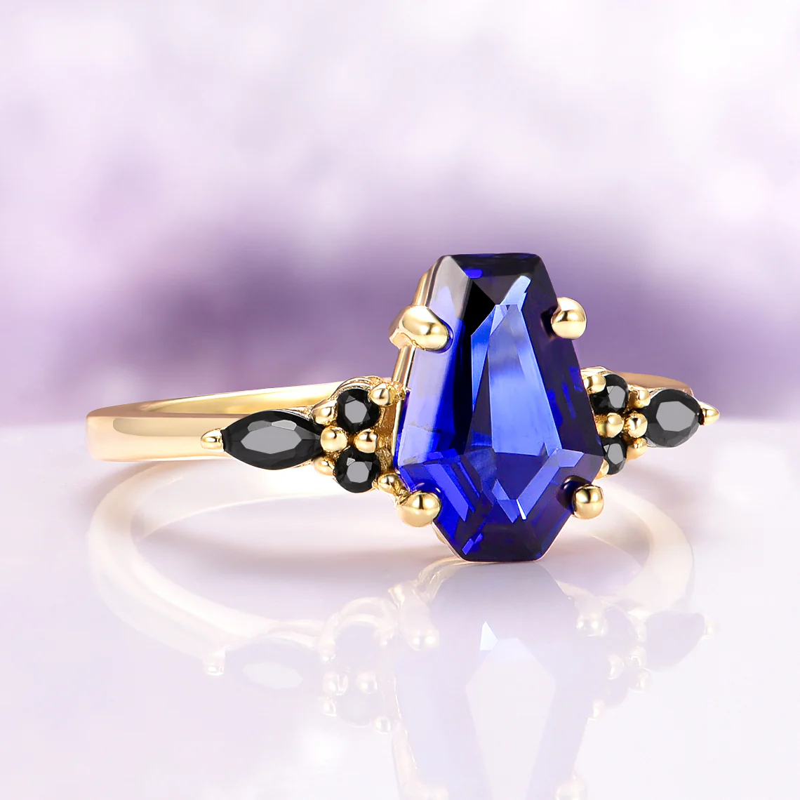 Coffin Cut Blue Sapphire and Gold Leaf Couples Ring Set - Image 6