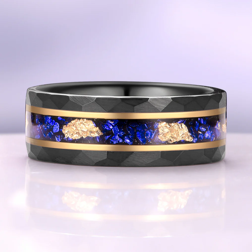 Coffin Cut Blue Sapphire and Gold Leaf Couples Ring Set - Image 7
