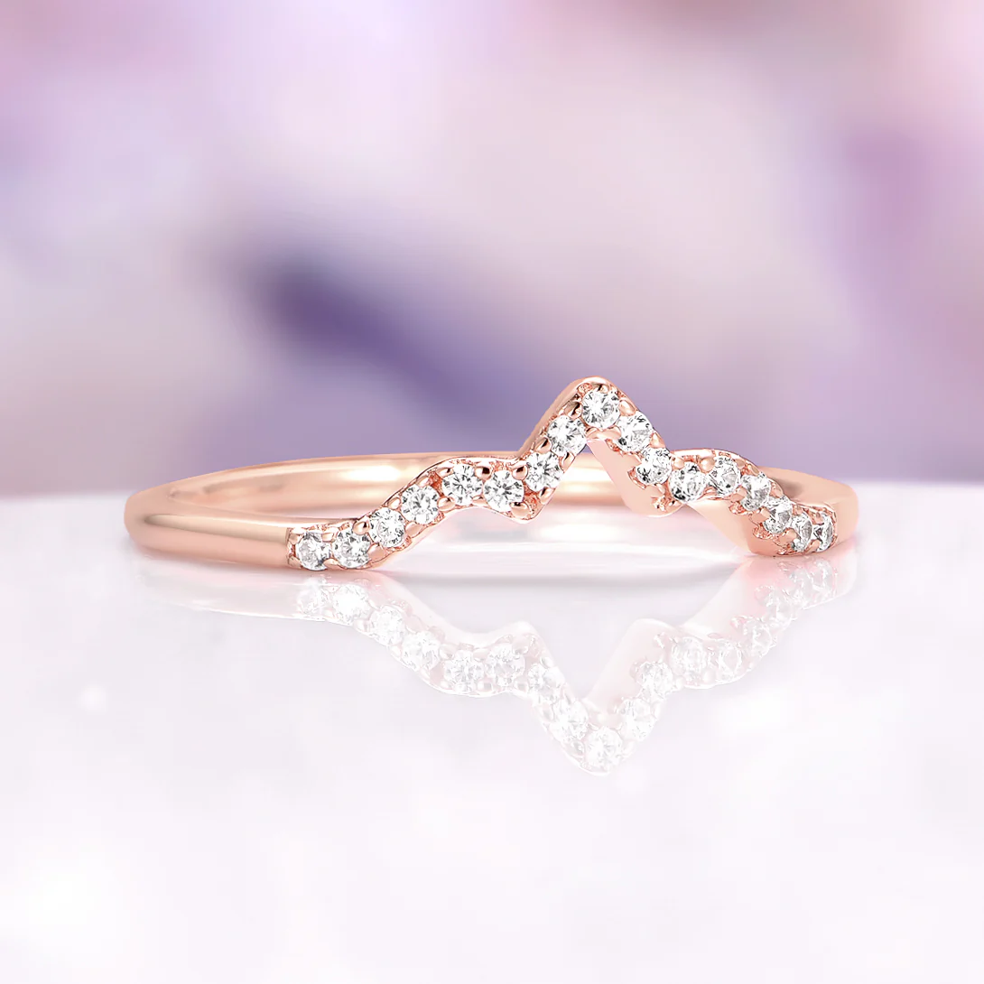Diamond V-Shaped Contour Wedding Ring in Solid 14K Rose Gold - Image 4
