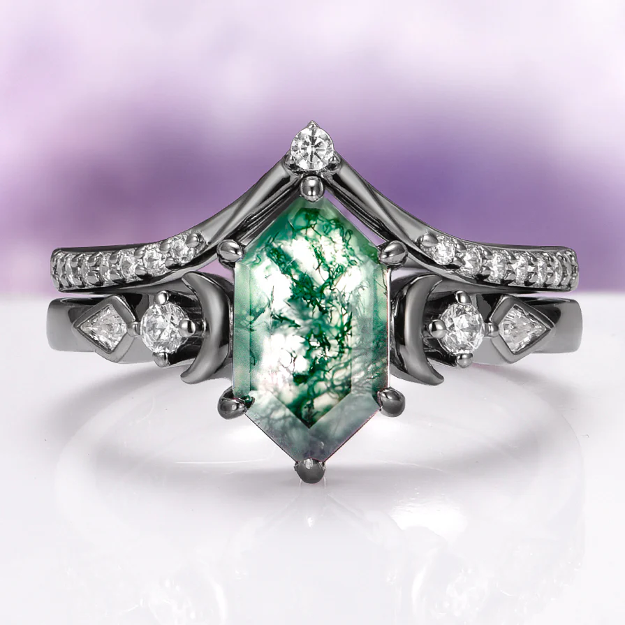 Elara Moss Agate Crescent Moon Couples Ring Set - Image 3