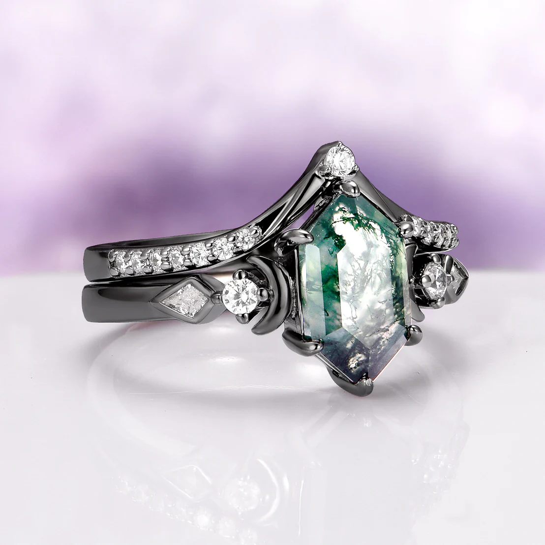 Elara Moss Agate Crescent Moon Couples Ring Set - Image 7