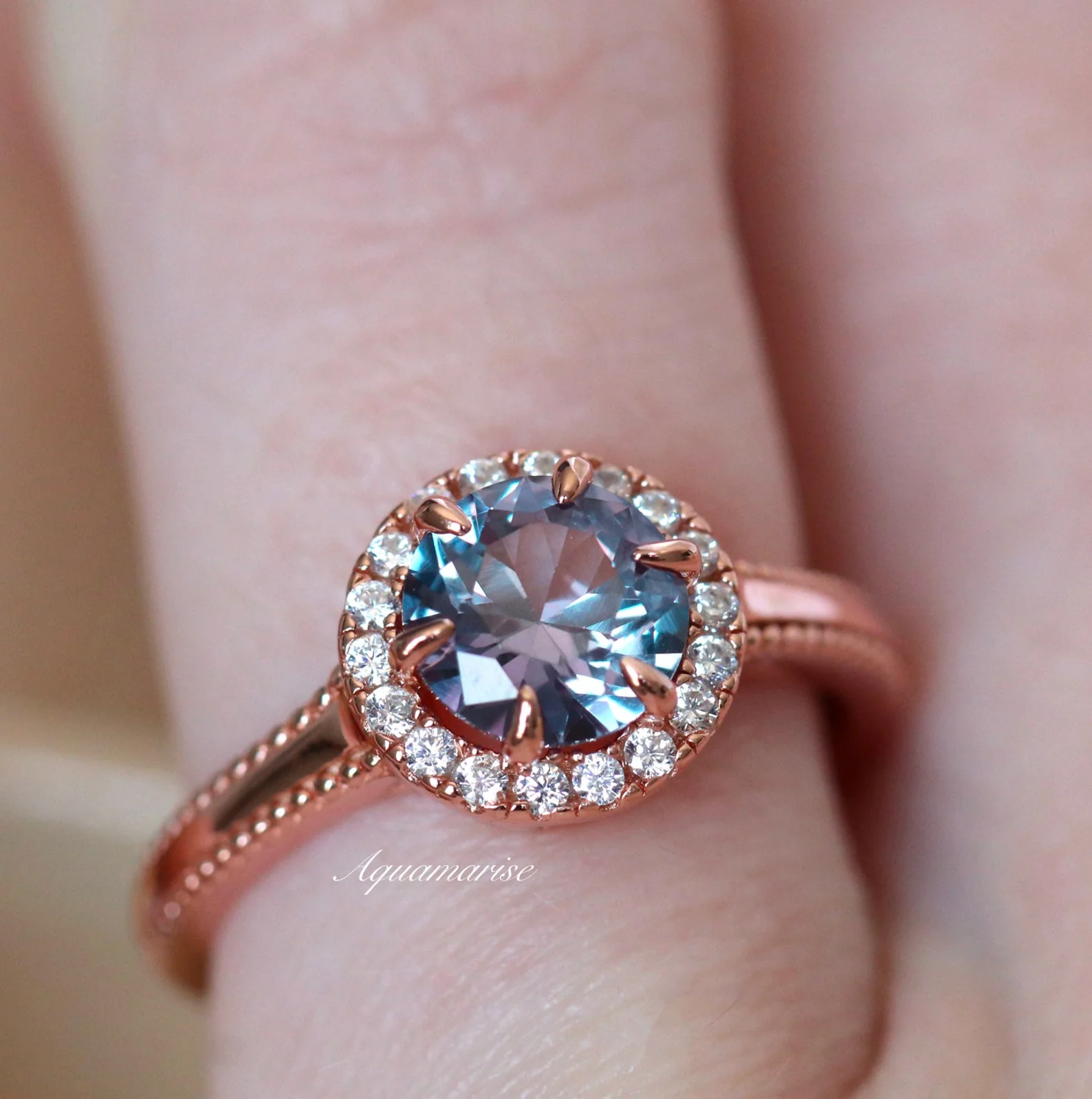 Ella Alexandrite Engagement Ring in 14K Solid Rose Gold - Image 4