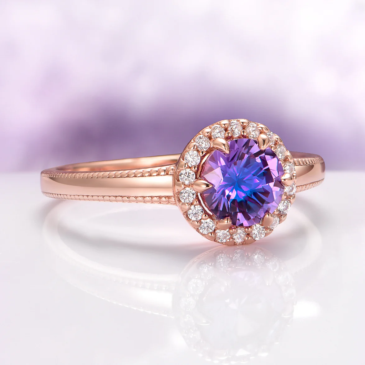Ella Alexandrite Engagement Ring in 14K Solid Rose Gold - Image 5