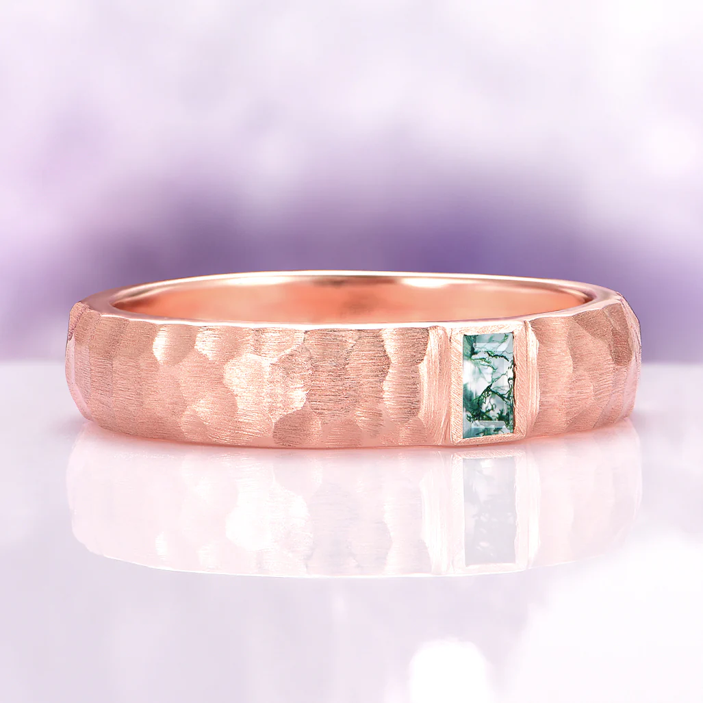 Moss Agate Hammered Wedding Band in 14K Solid Rose Gold (5.5mm) - Image 3