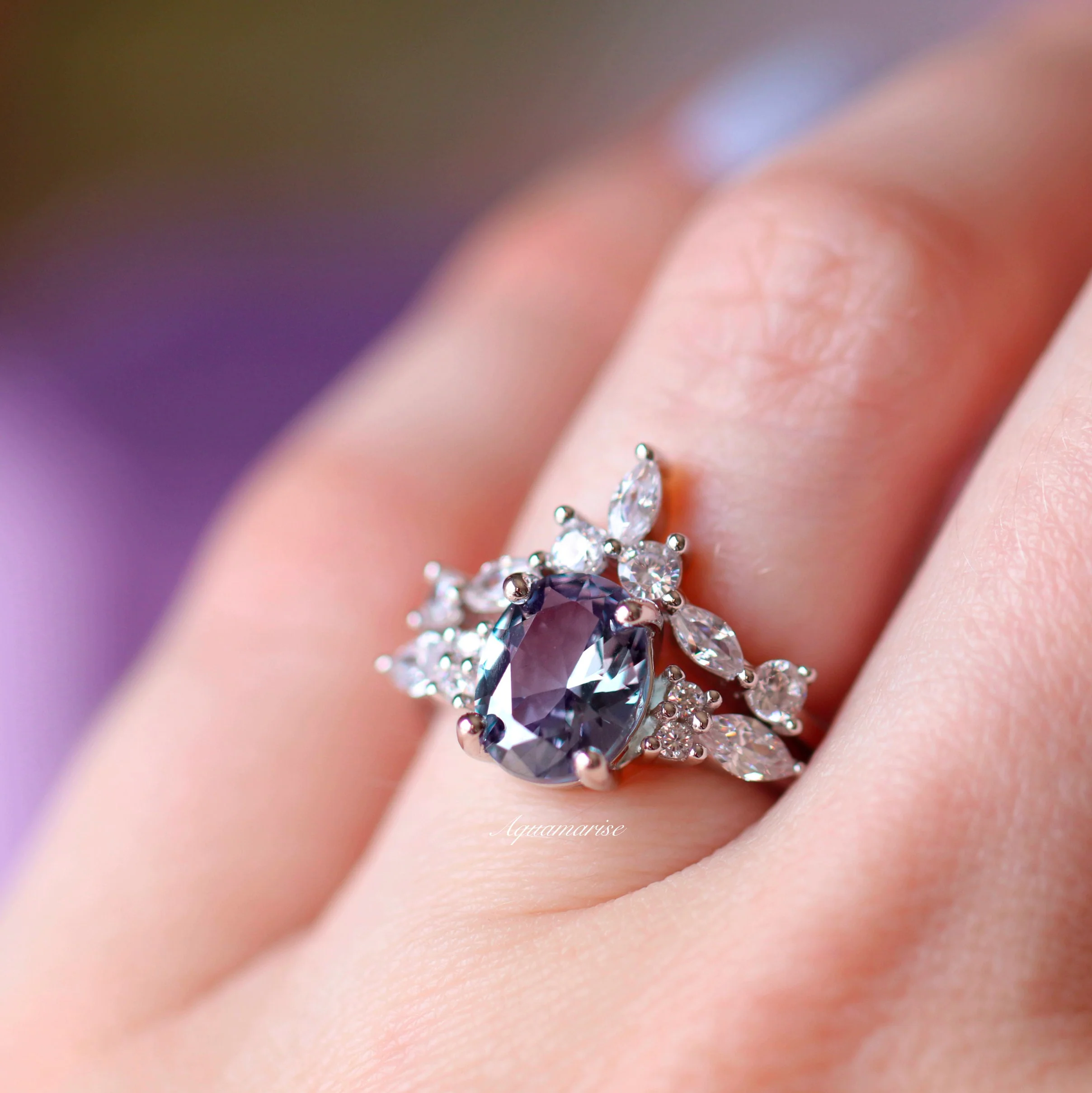 Evelyn Alexandrite Engagement Ring Set in 14K White Gold - Image 3