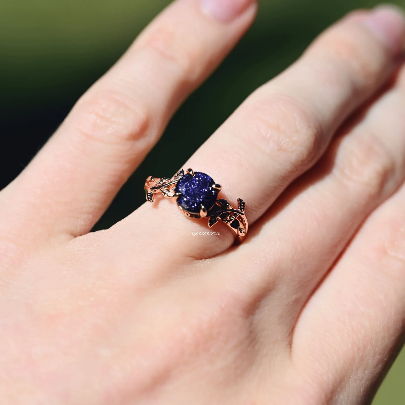Galaxy Sandstone (Starry Night) Leaf Ring- 14K Rose Gold Vermeil - Image 3