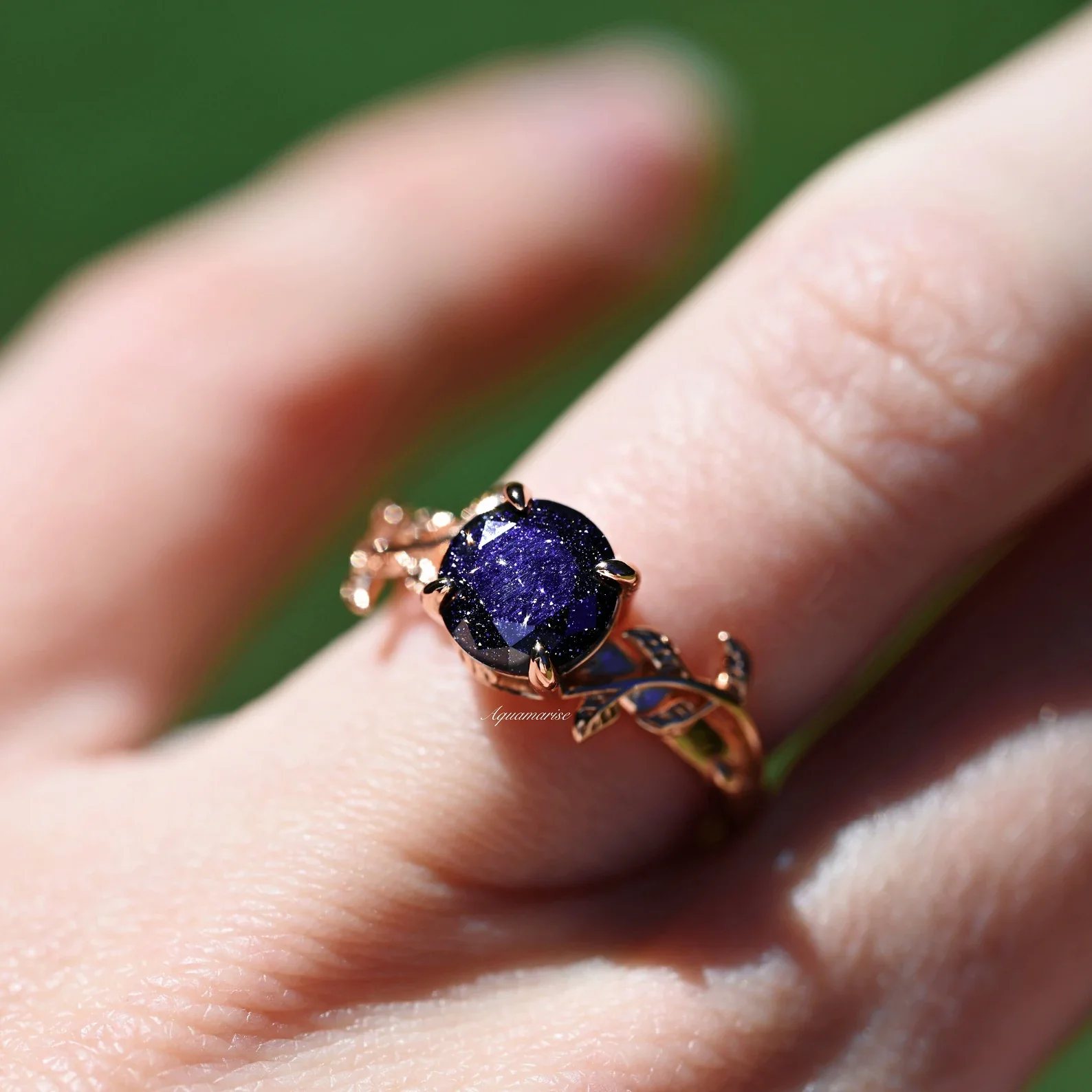 Galaxy Sandstone (Starry Night) Leaf Ring- 14K Rose Gold Vermeil - Image 4