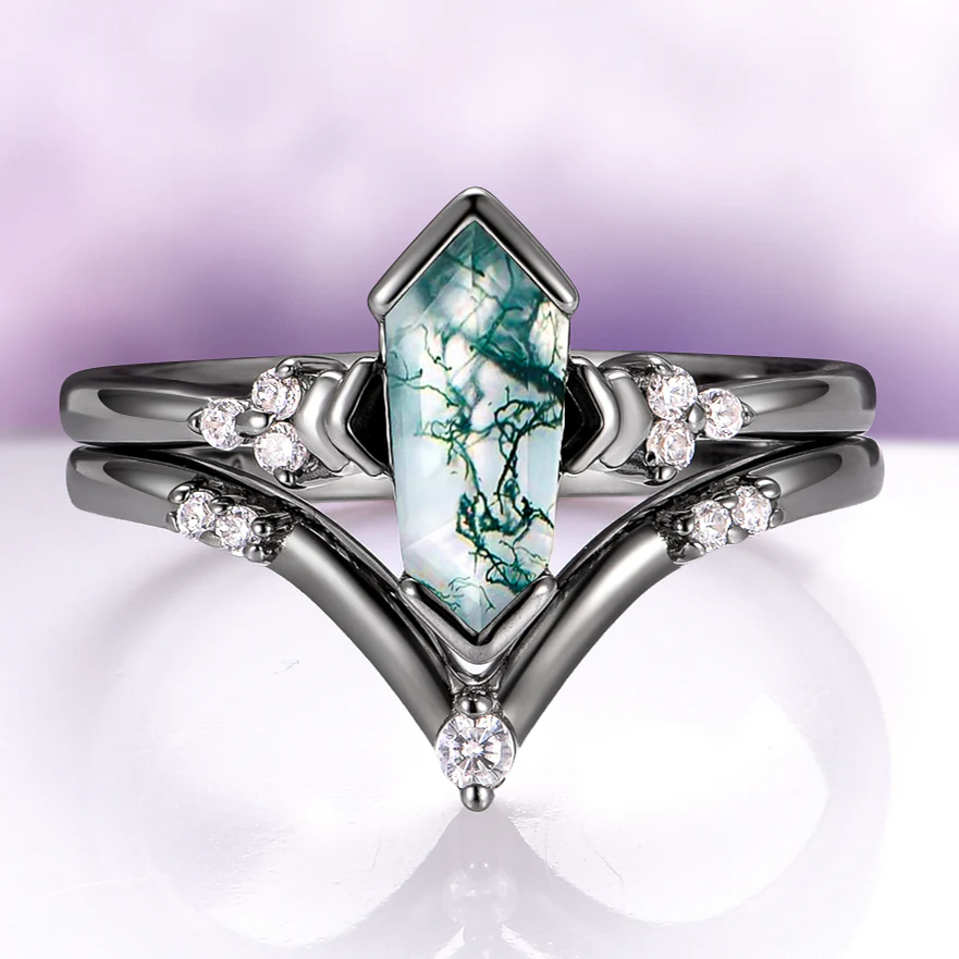 Hexagon Coffin Green Moss Agate Couples Ring Set - Image 3