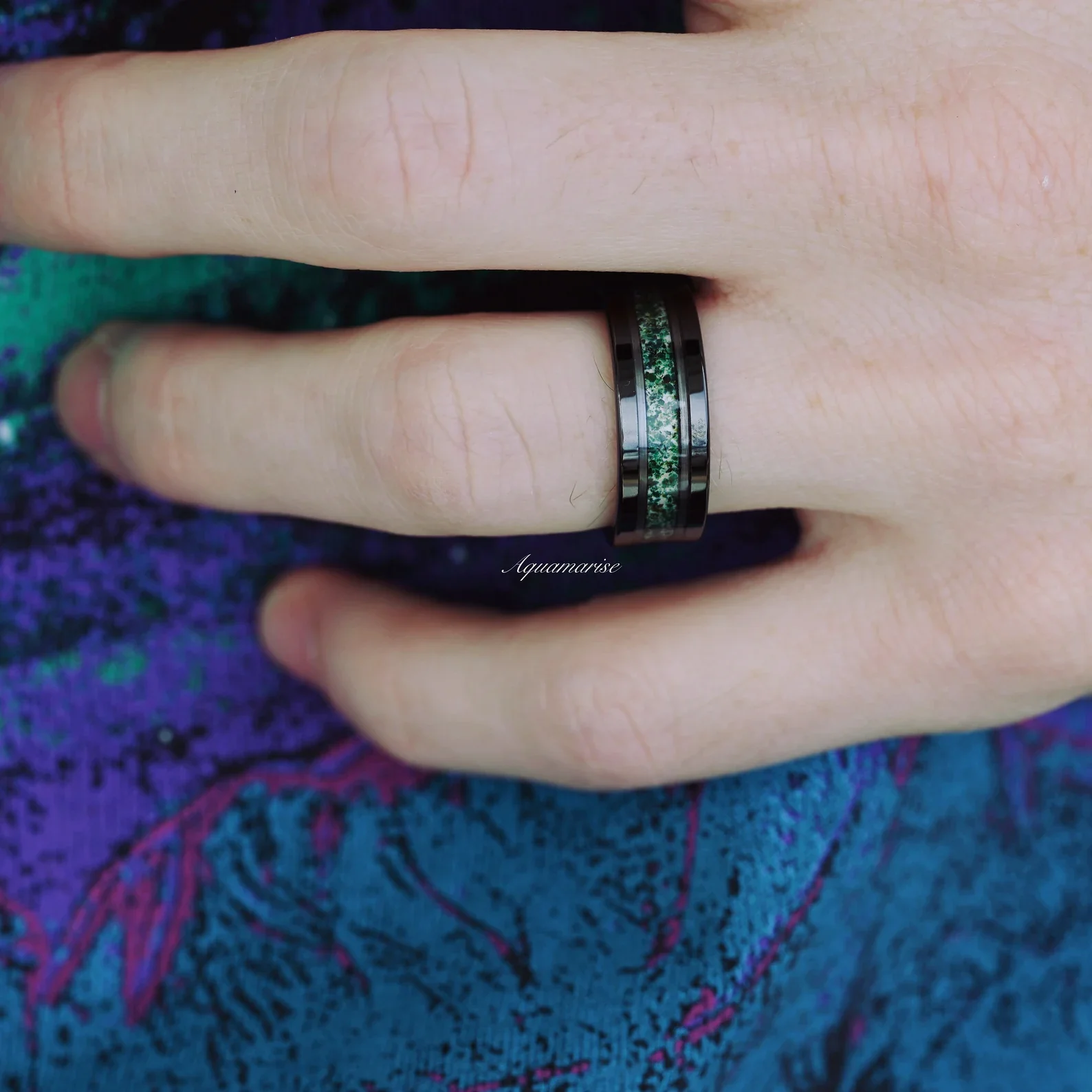 Hexagon Coffin Green Moss Agate Couples Ring Set - Image 8