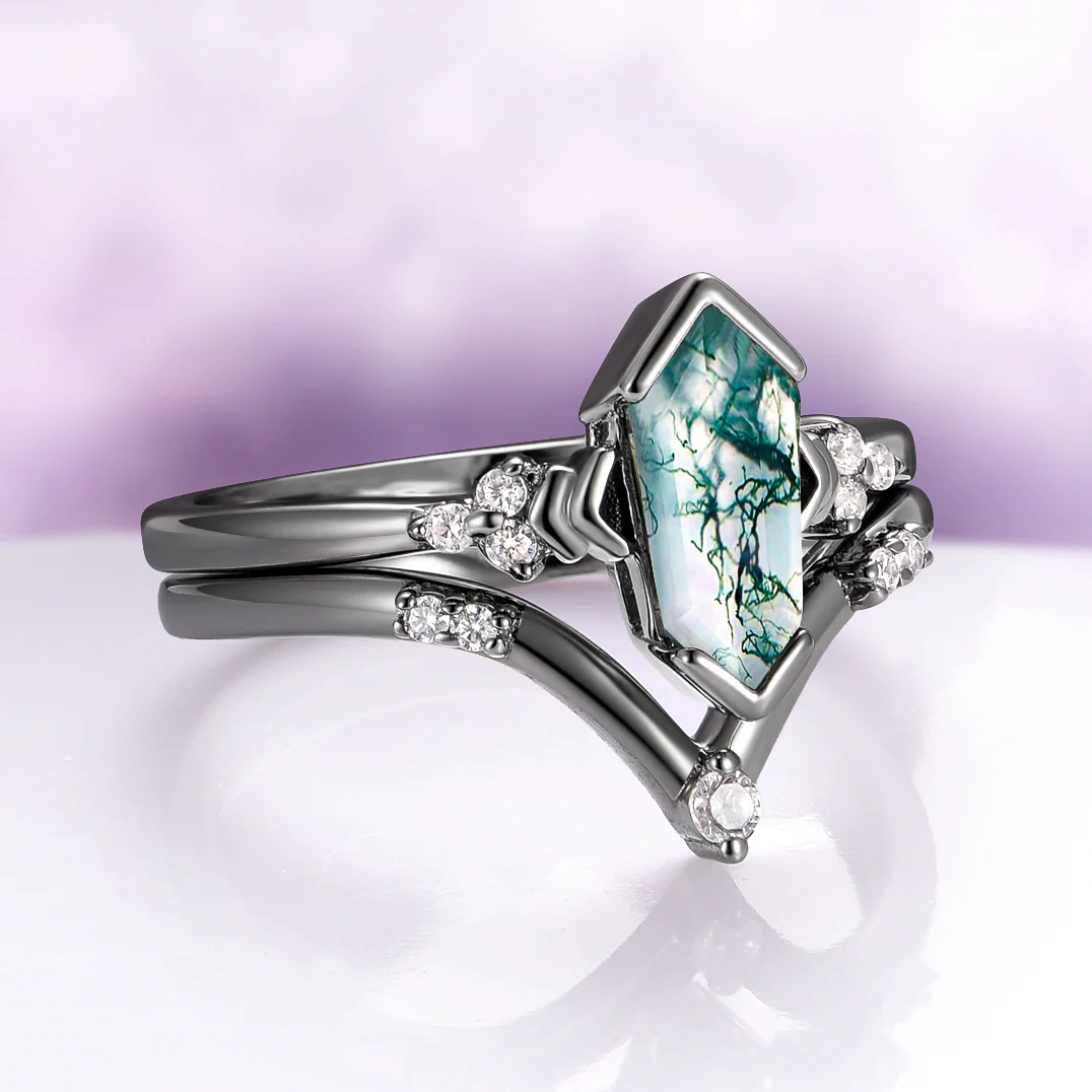 Hexagon Coffin Green Moss Agate Couples Ring Set - Image 9
