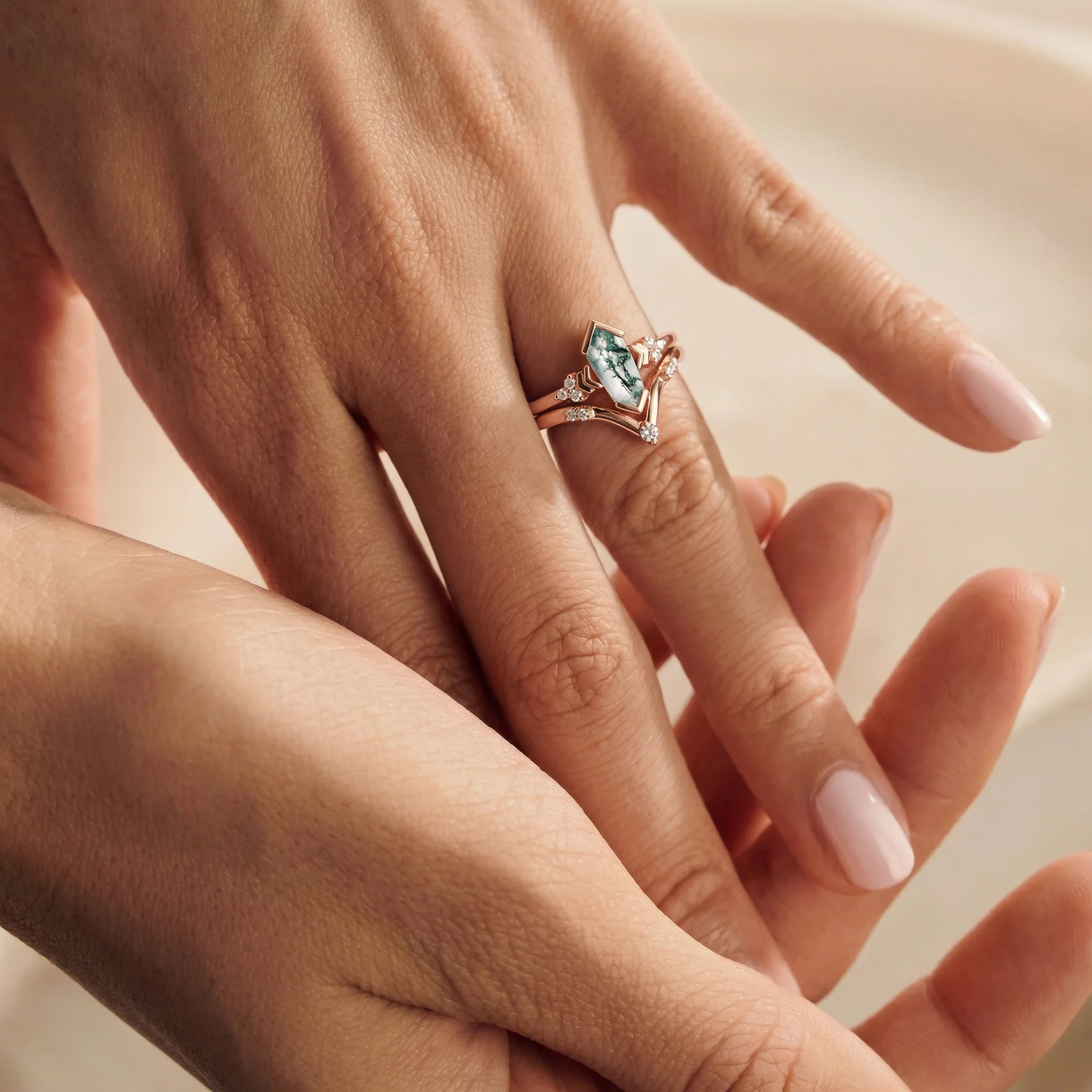 Green Moss Agate Engagement Ring Set in 14K Solid Rose Gold - Image 3