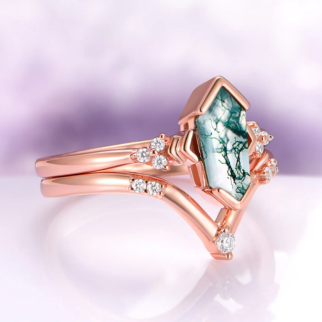 Green Moss Agate Engagement Ring Set in 14K Solid Rose Gold - Image 4