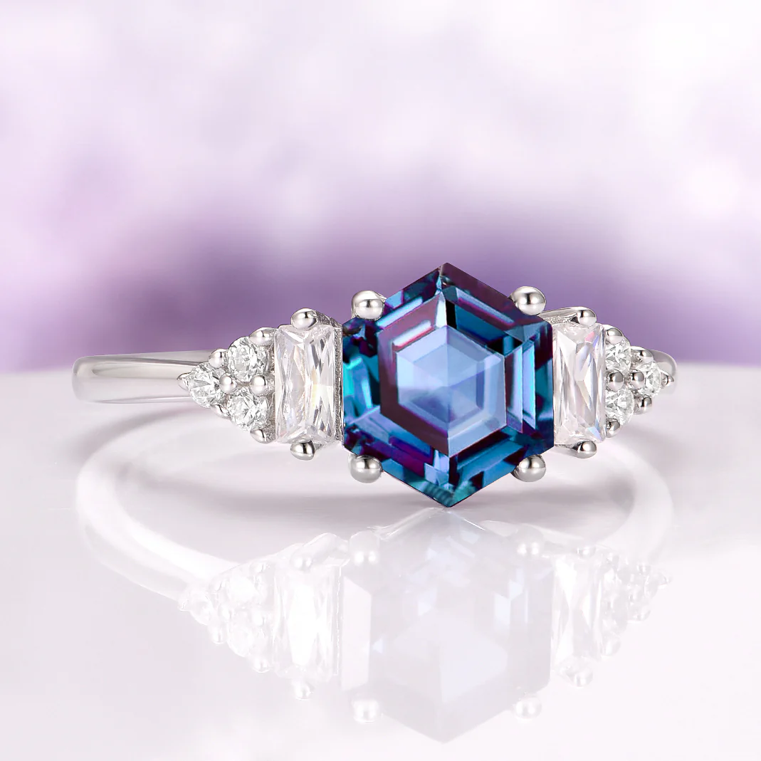 Hexagon Cut Alexandrite Engagement Ring in 14K White Gold - Image 4