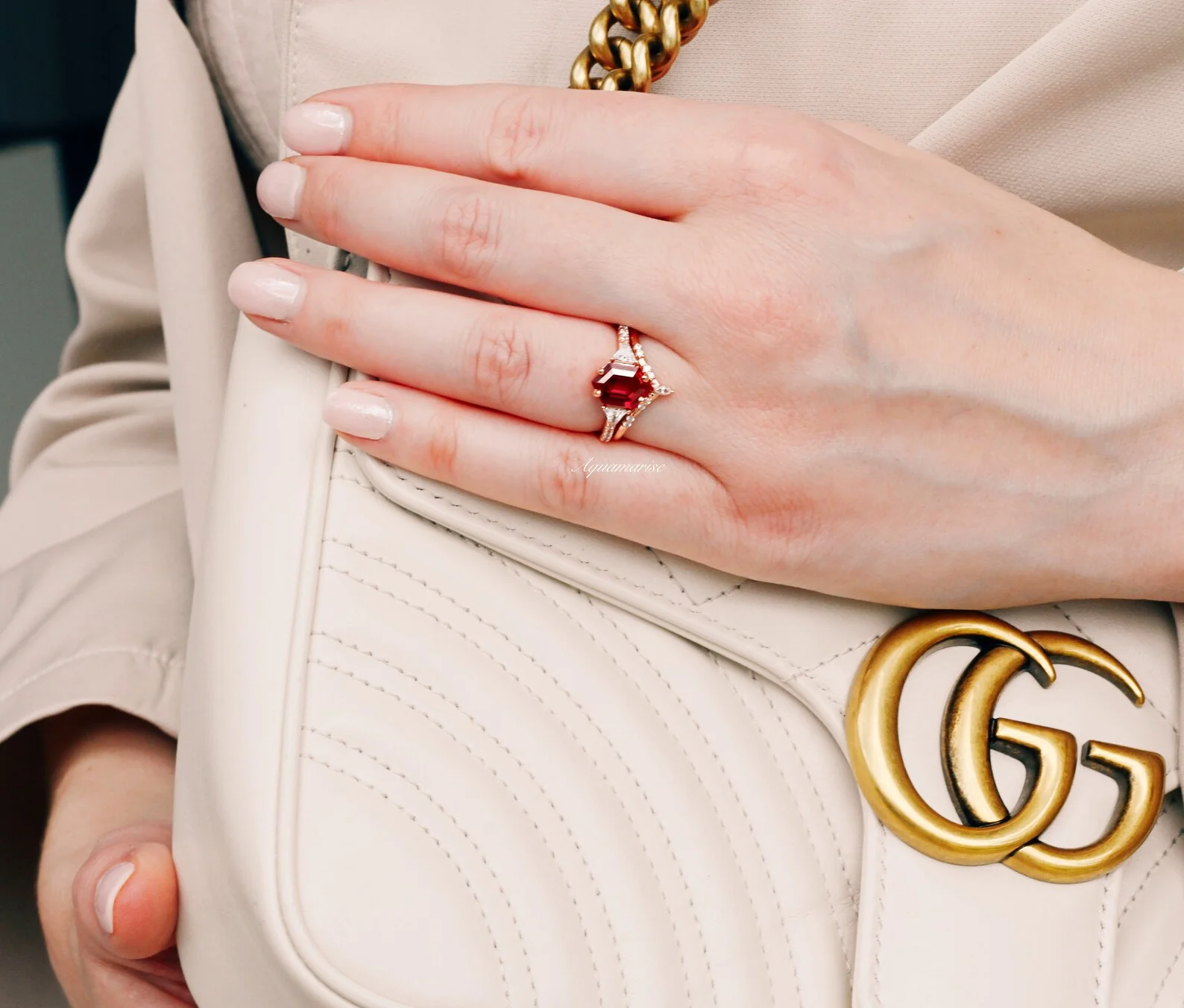 Hexagon Ruby Engagement Ring Set in 14K Solid Rose Gold - Image 3