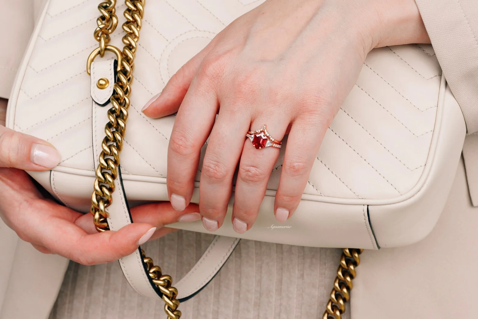 Hexagon Ruby Engagement Ring Set in 14K Solid Rose Gold - Image 5