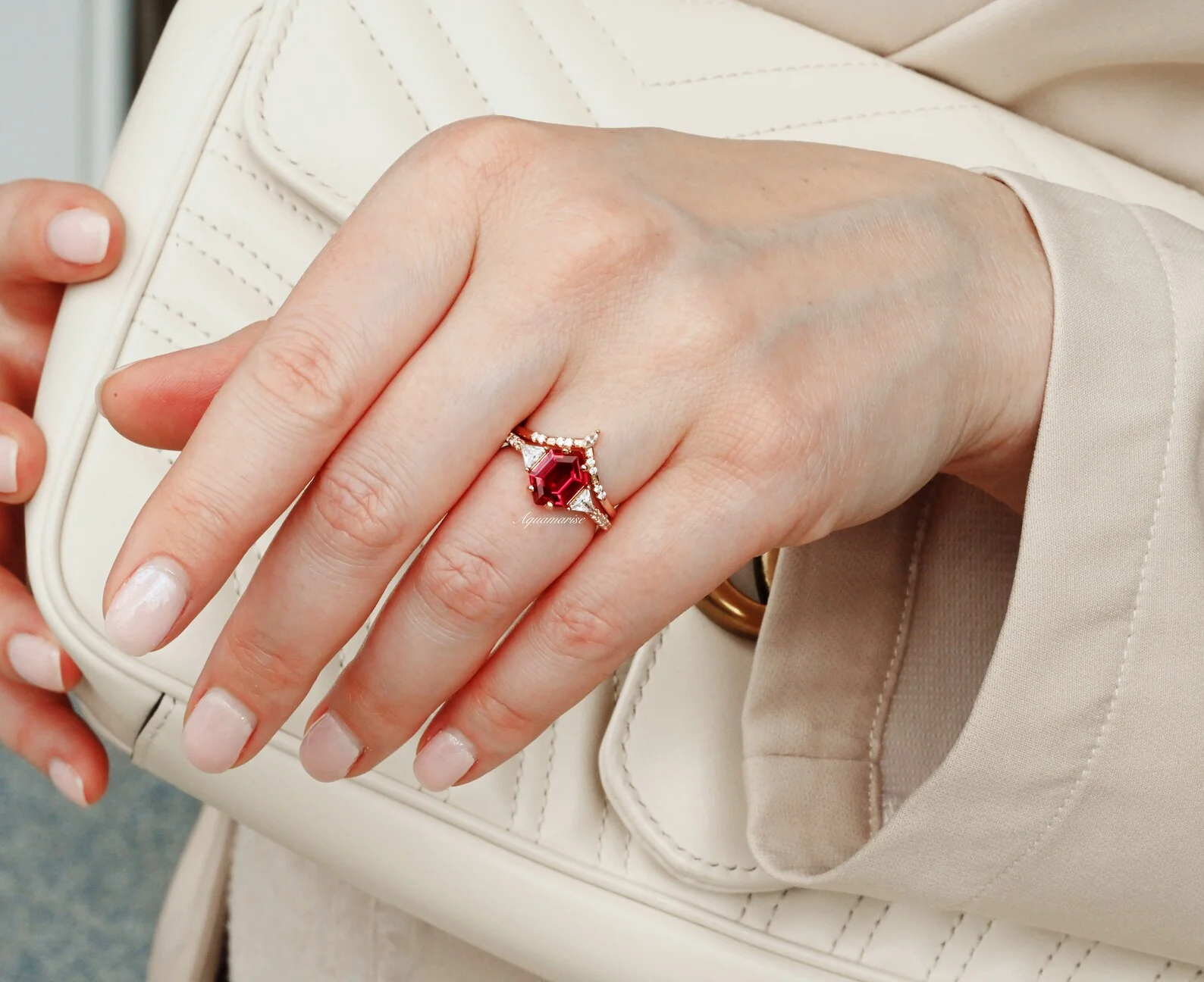 Hexagon Ruby Engagement Ring Set in 14K Solid Rose Gold - Image 6