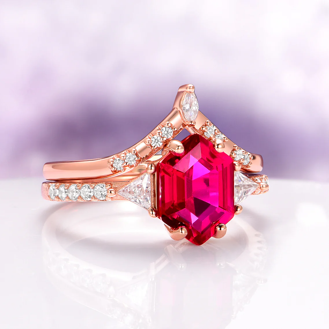 Hexagon Ruby Engagement Ring Set in 14K Solid Rose Gold - Image 9