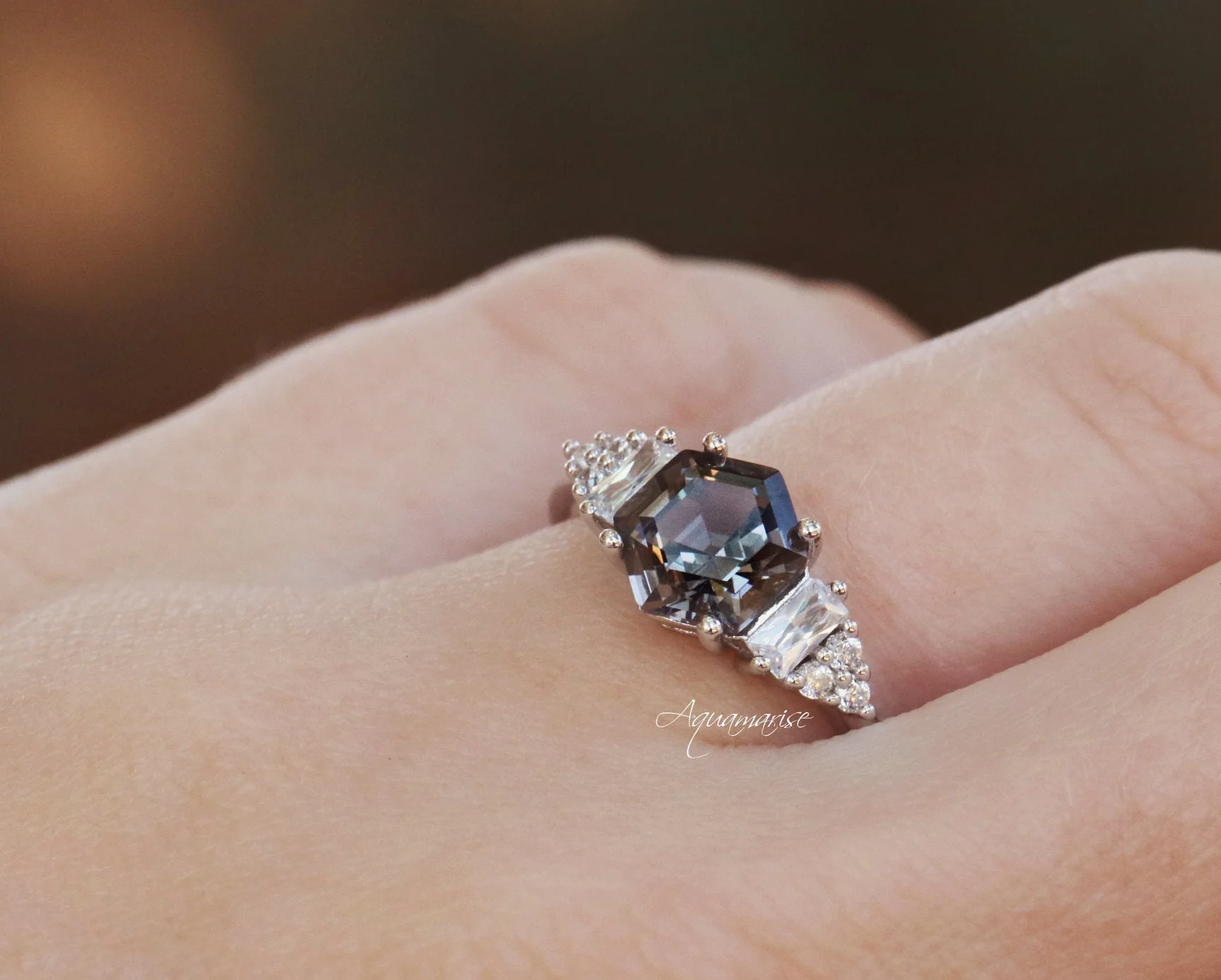 Hexagon Simulated Gray Diamond Ring in Sterling Silver - Image 3