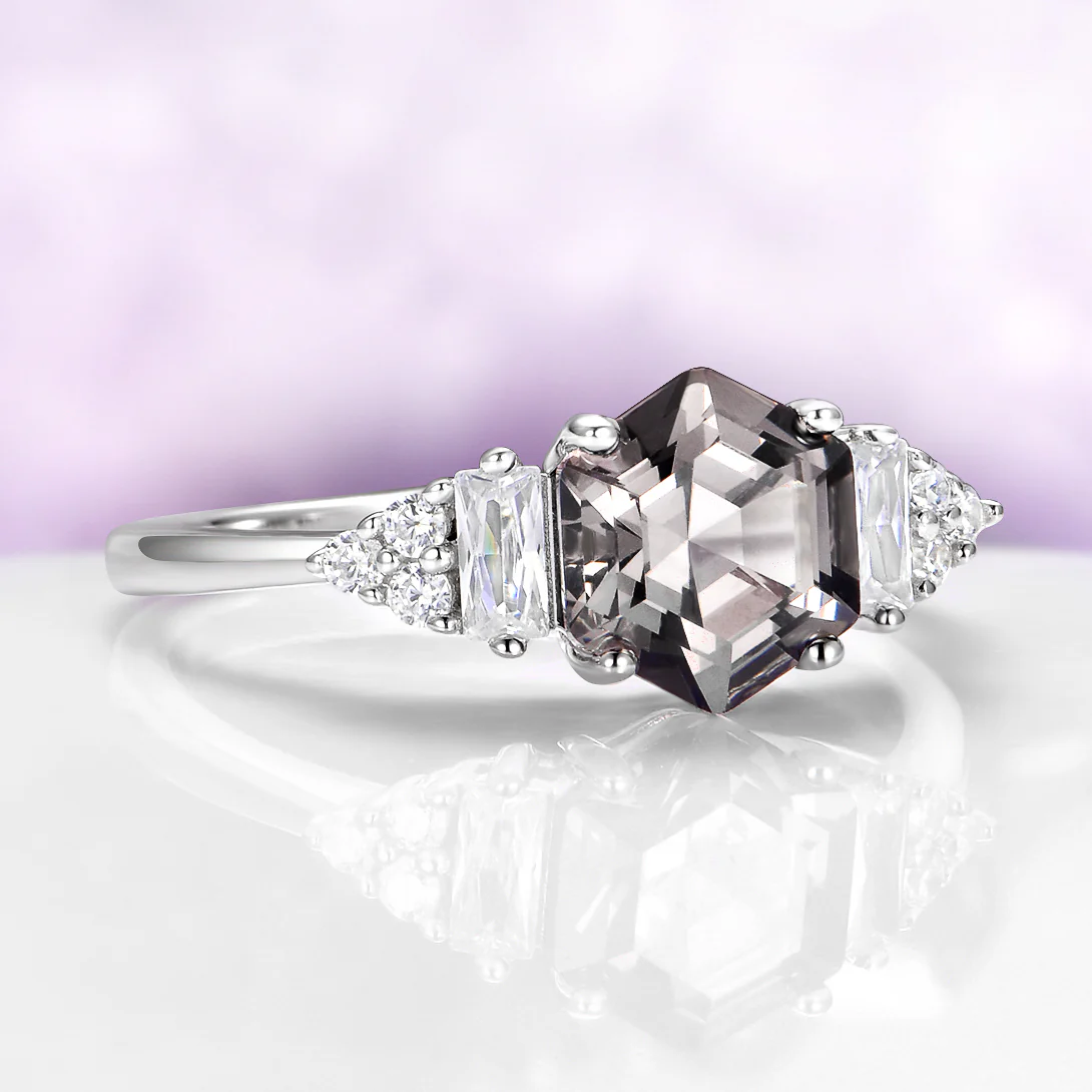 Hexagon Simulated Gray Diamond Ring in Sterling Silver - Image 4