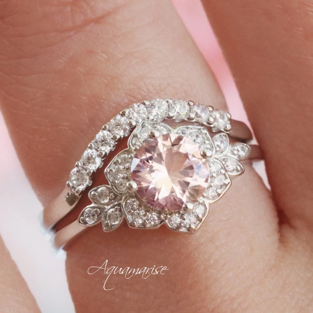 Jasmine Morganite Bridal Ring Set in 14K White Gold - Image 3