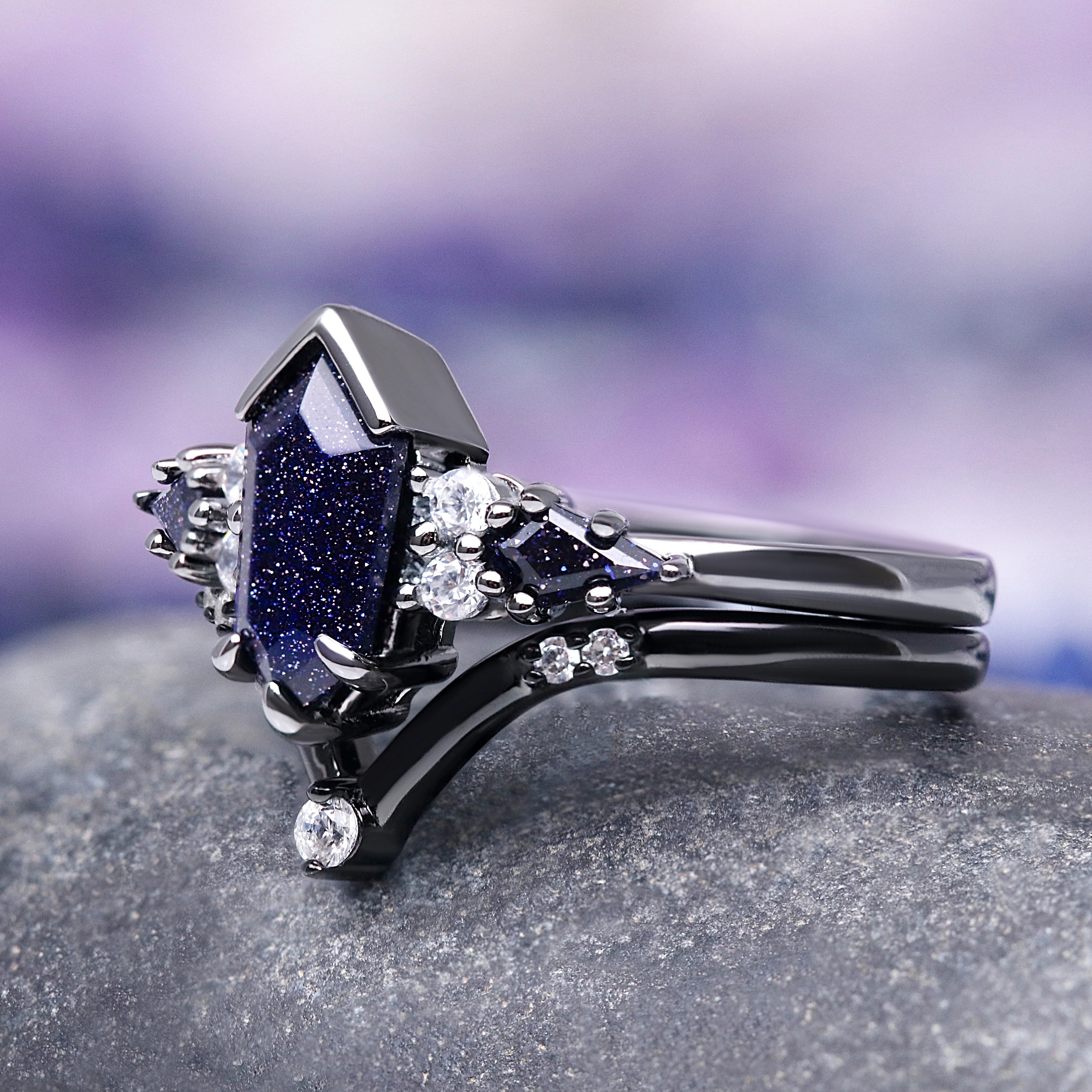 Kite Galaxy Sandstone (Starry Night) Ring Set- Black Ruthenium - Image 6