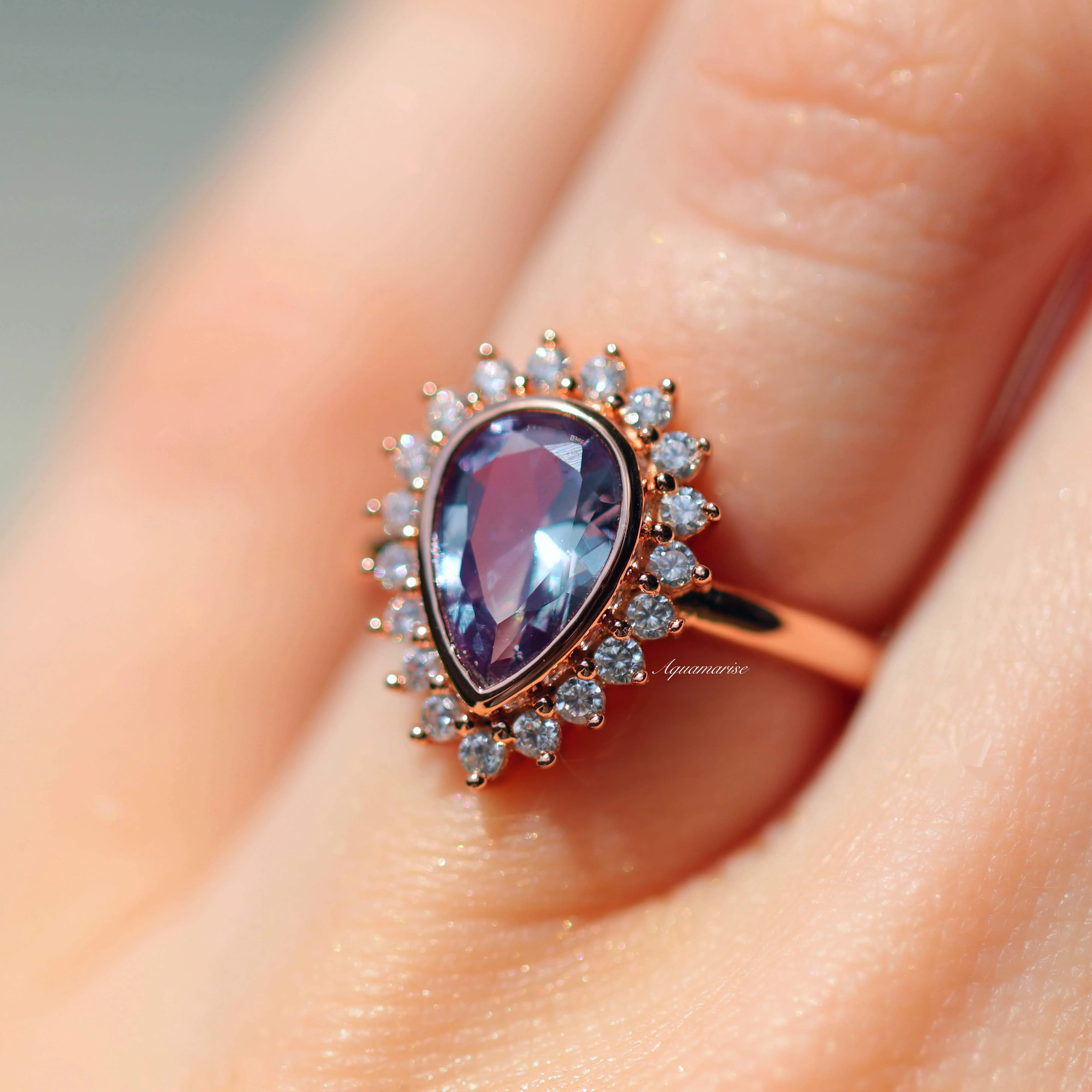 Lab Alexandrite Halo Engagement Ring in Solid 14K Rose Gold - Image 4