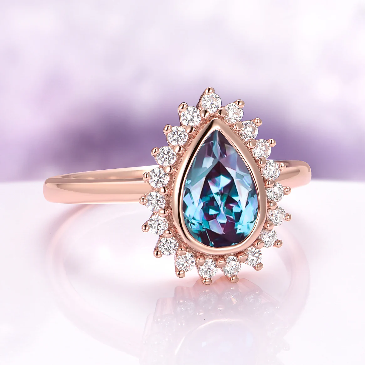 Lab Alexandrite Halo Engagement Ring in Solid 14K Rose Gold - Image 5
