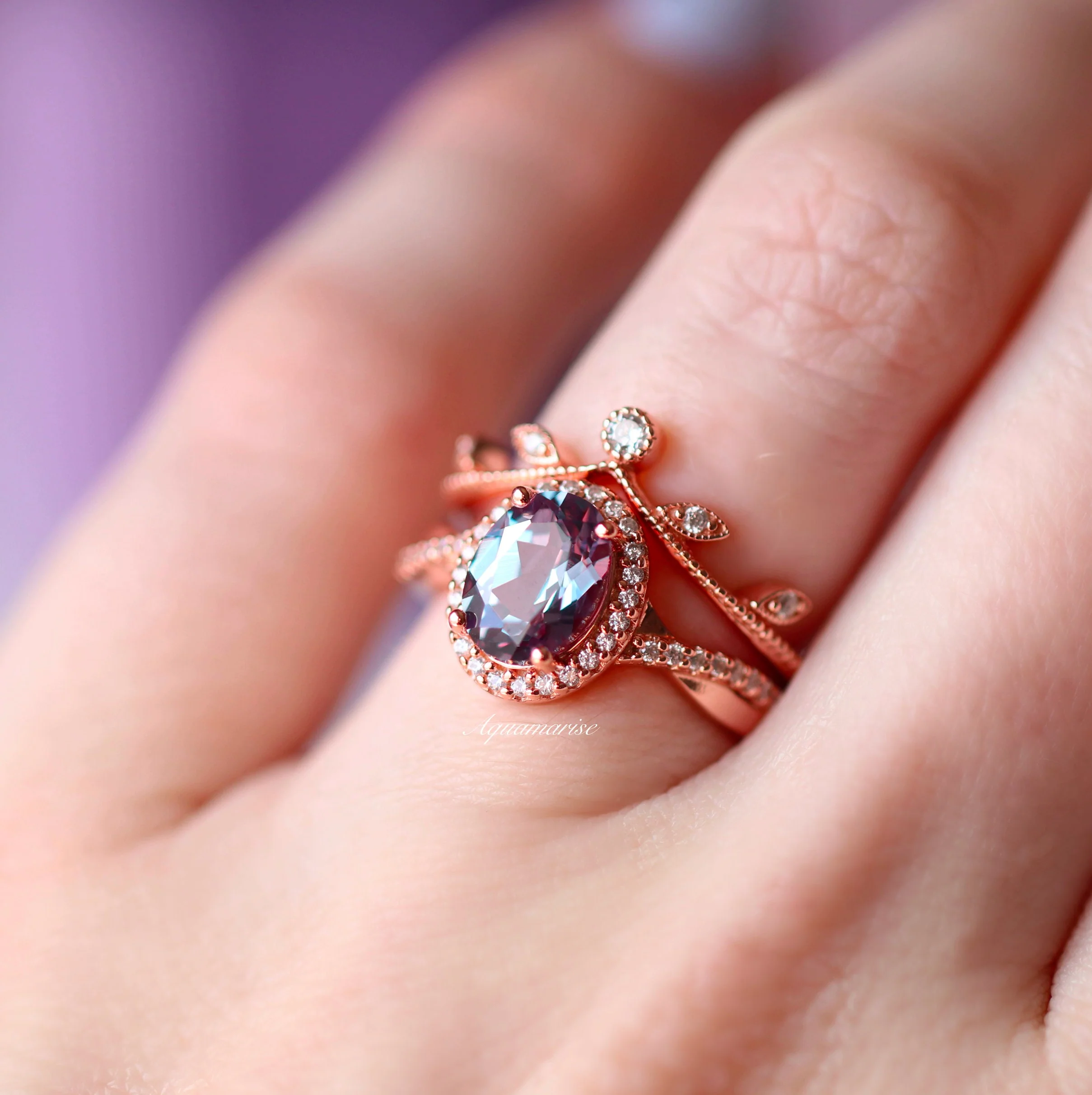 Simulated Diamond Leaf Wedding Band in 14K Rose Gold Vermeil - Image 3