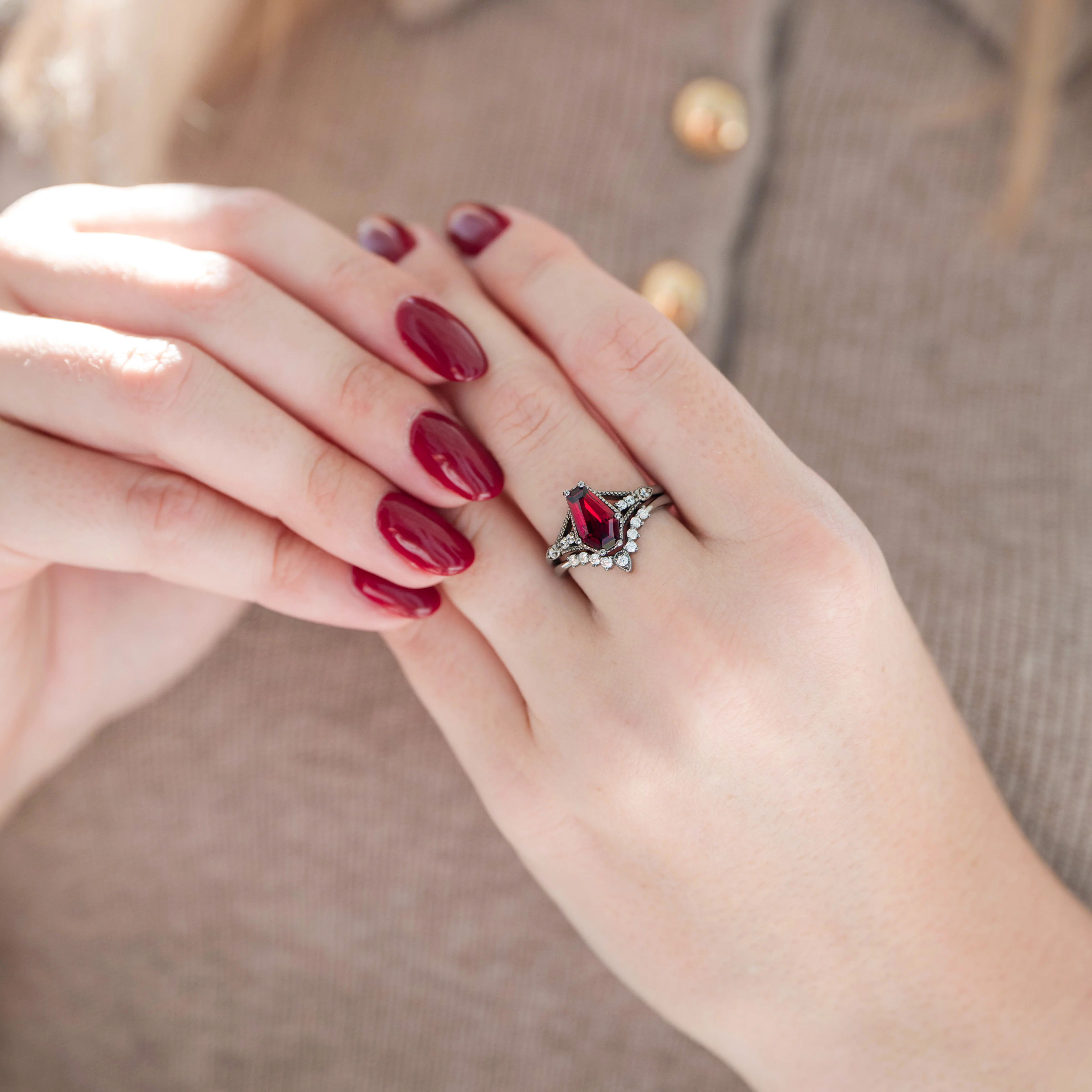 Lilith Coffin Cut Natural Red Garnet Couples Ring Set - Image 4