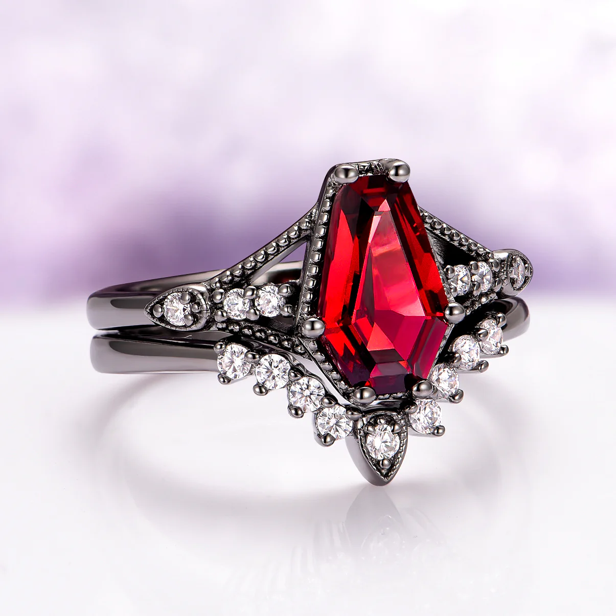 Lilith Coffin Cut Natural Red Garnet Couples Ring Set - Image 5