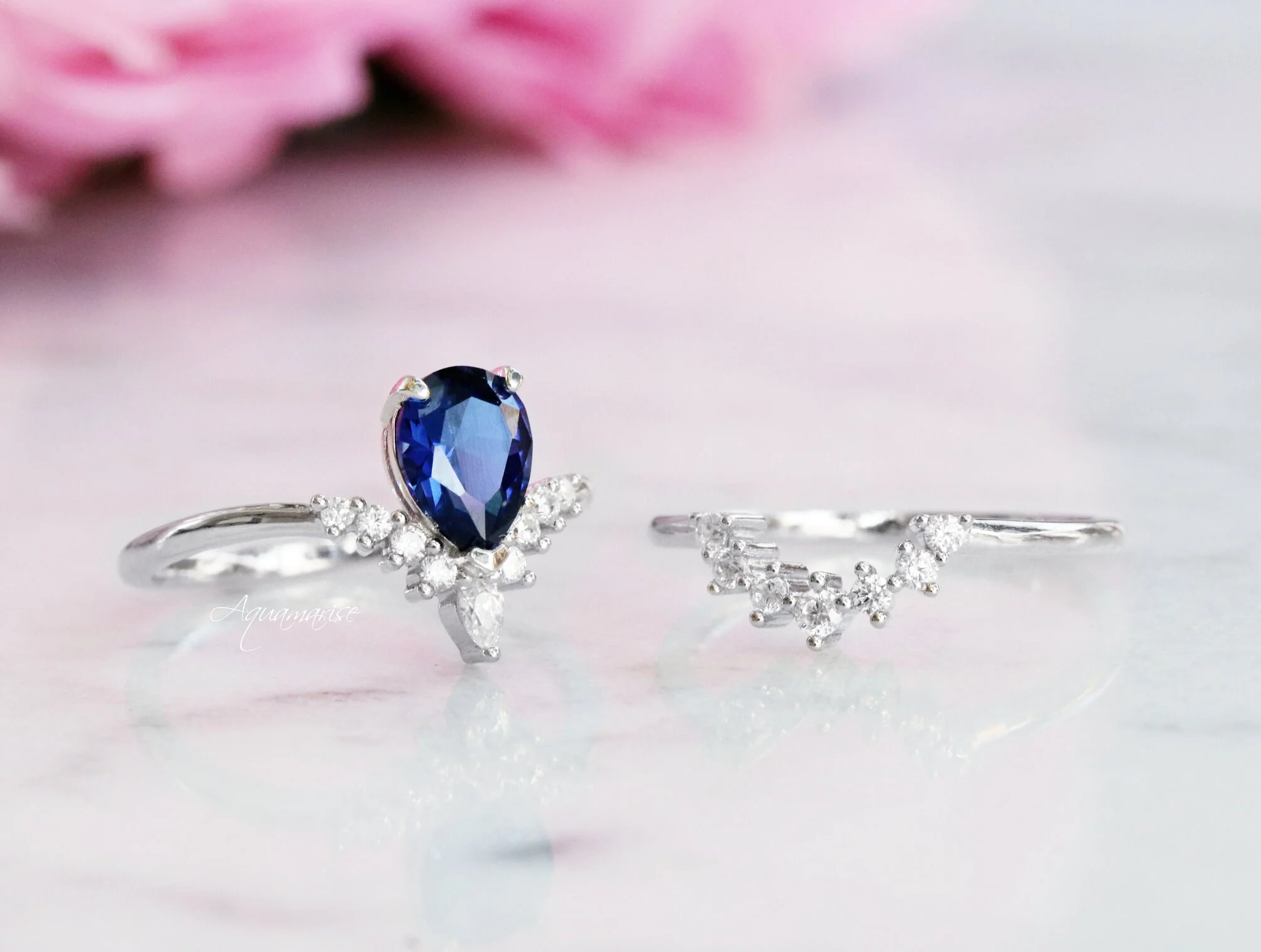Lunette Teardrop Blue Sapphire Engagement Ring Set in Sterling Silver - Image 3
