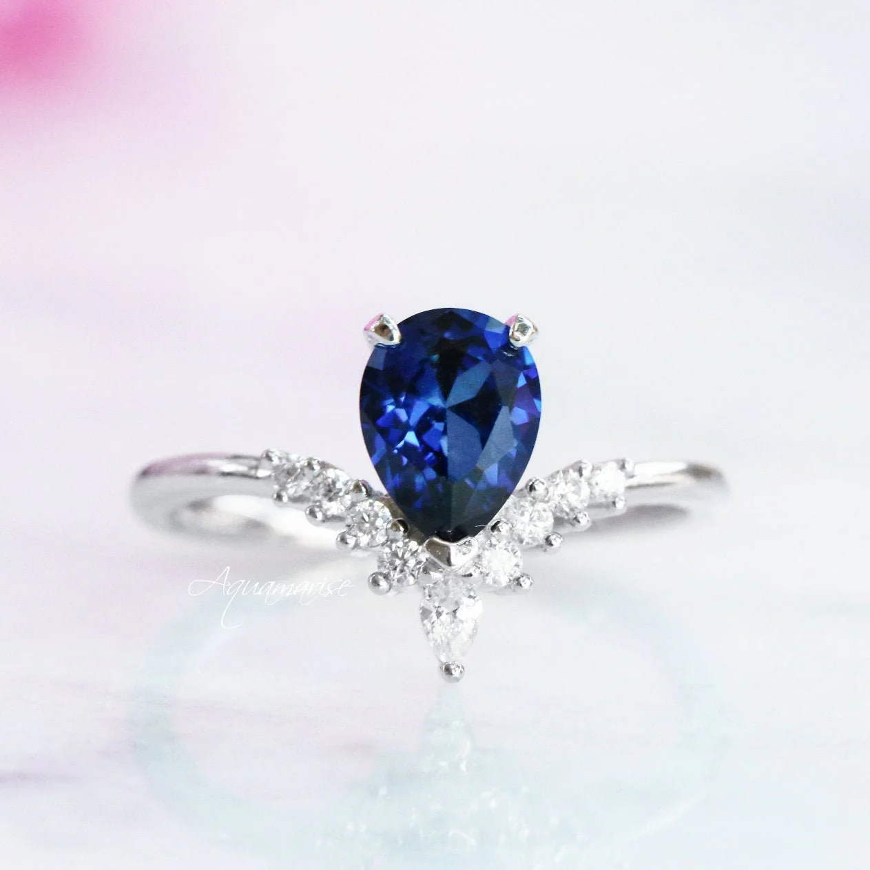Lunette Teardrop Blue Sapphire Engagement Ring Set in Sterling Silver - Image 4