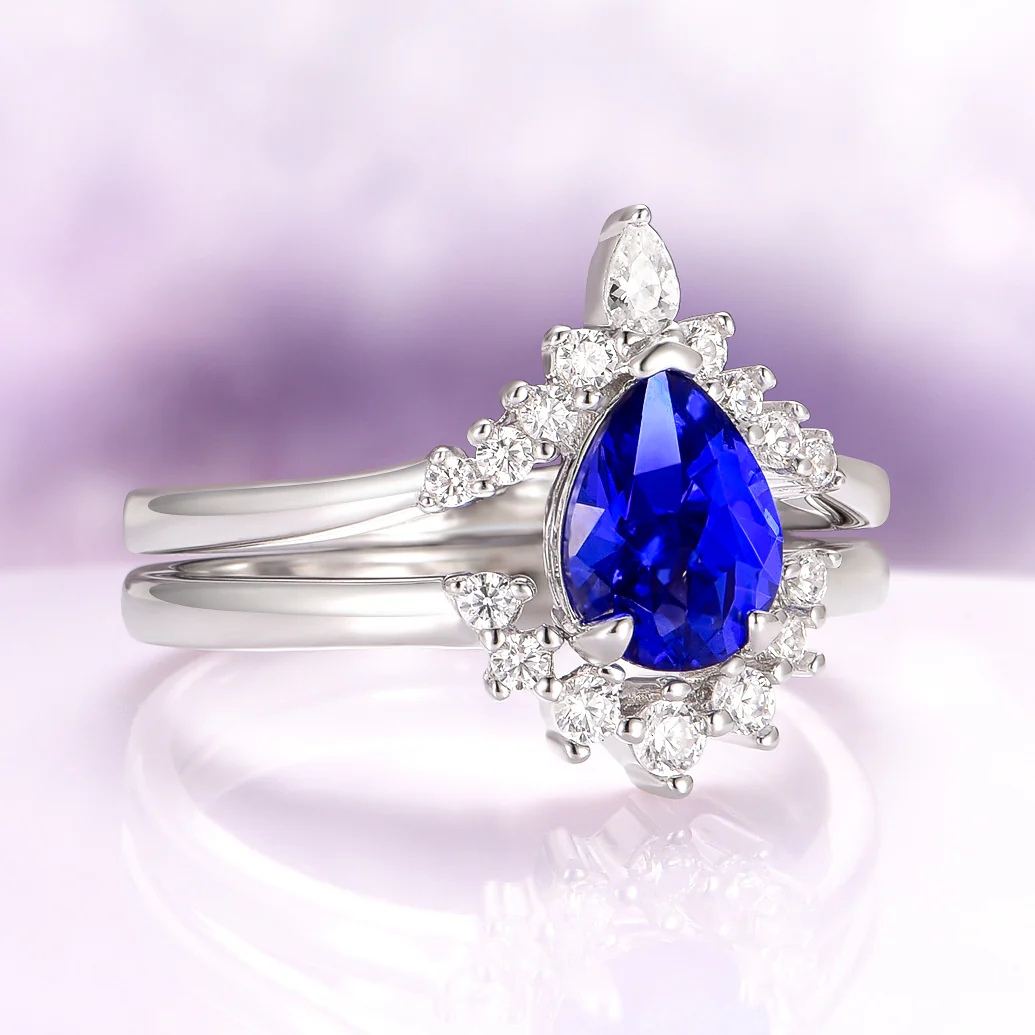 Lunette Teardrop Blue Sapphire Engagement Ring Set in Sterling Silver - Image 5