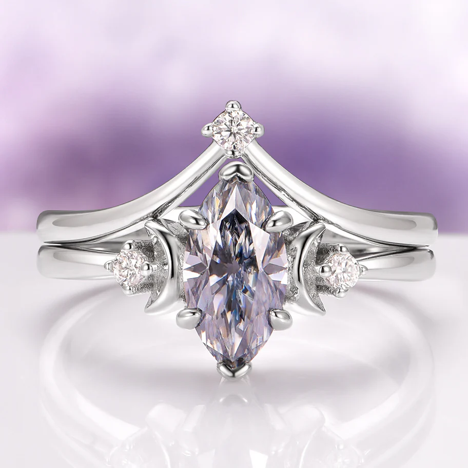 Gray Moissanite Crescent Moon Couples Ring Set - Image 3