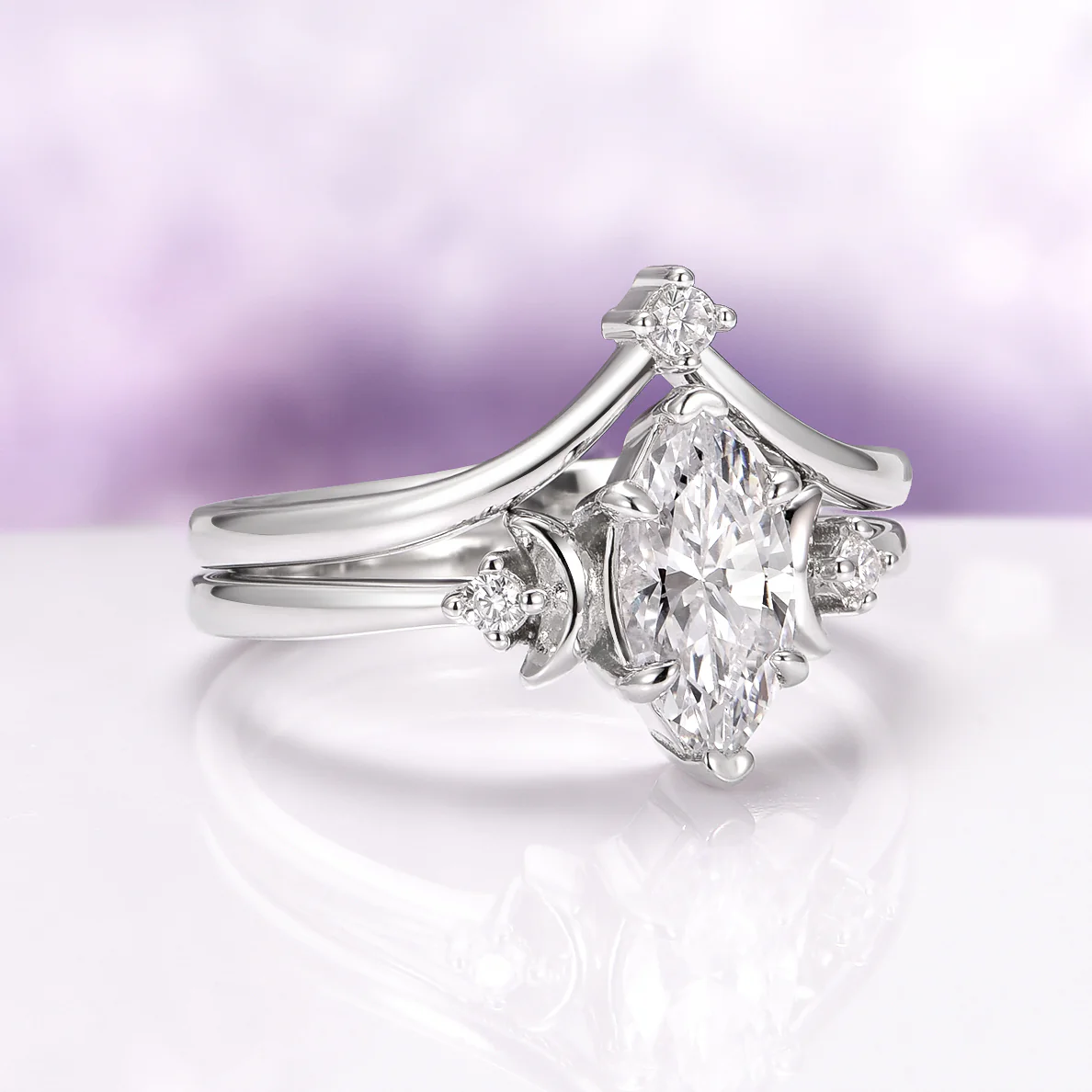 Moissanite & Crescent Moon Constellation Couples Ring Set - Image 8