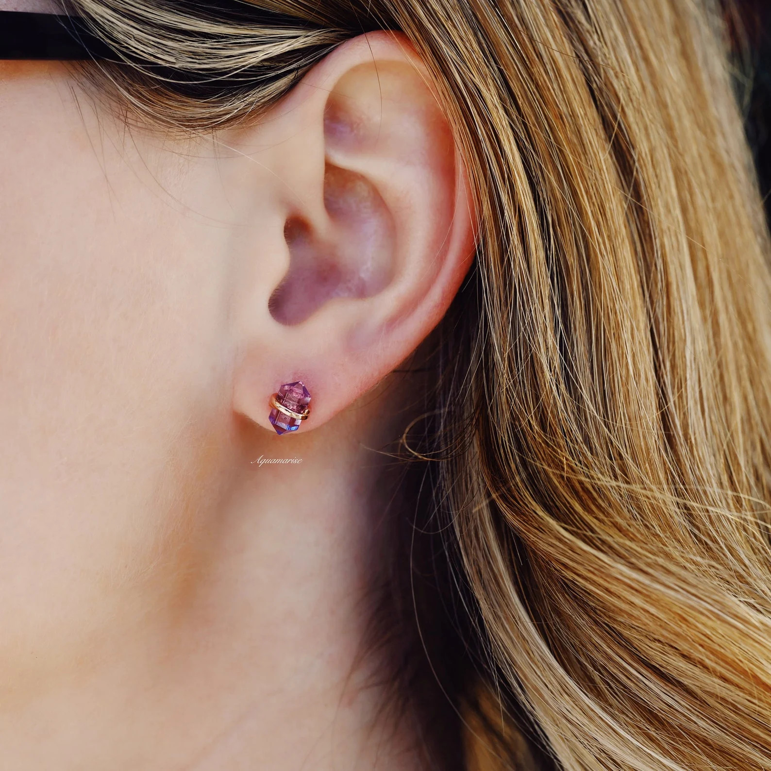 Minimalist Raw Alexandrite Stud Earrings in 14K Rose Gold Vermeil - Image 3