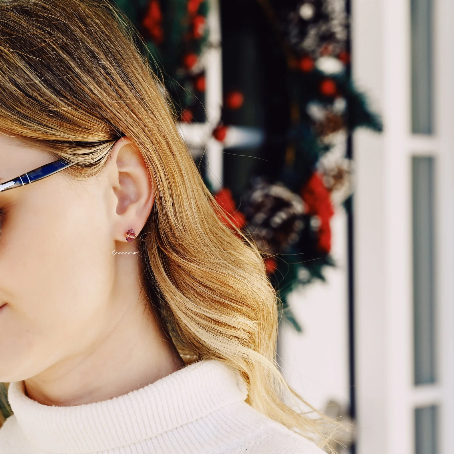 Minimalist Raw Alexandrite Stud Earrings in 14K Rose Gold Vermeil - Image 4