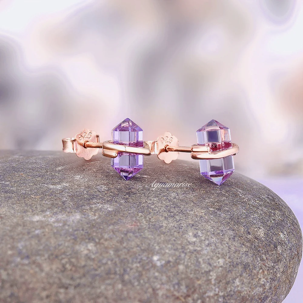 Minimalist Raw Alexandrite Stud Earrings in 14K Rose Gold Vermeil - Image 5