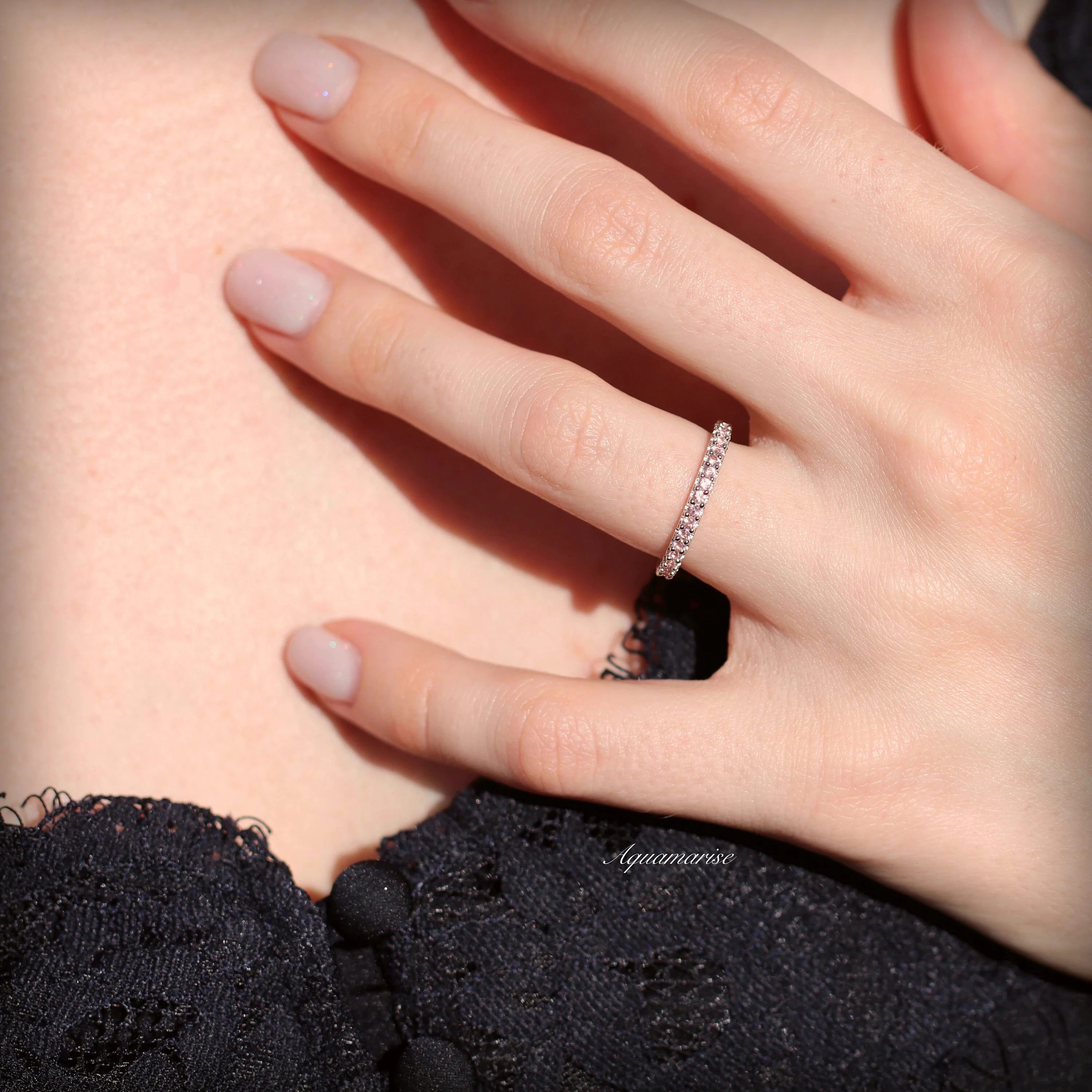 Minimalist Morganite Wedding Band in 14K White Gold (2mm) - Image 3