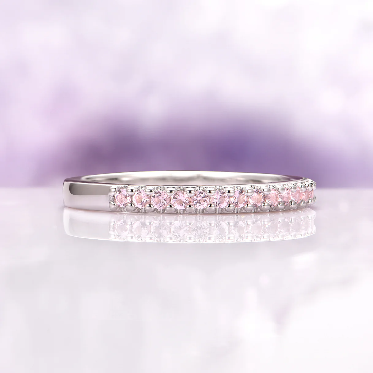 Minimalist Morganite Wedding Band in 14K White Gold (2mm) - Image 4
