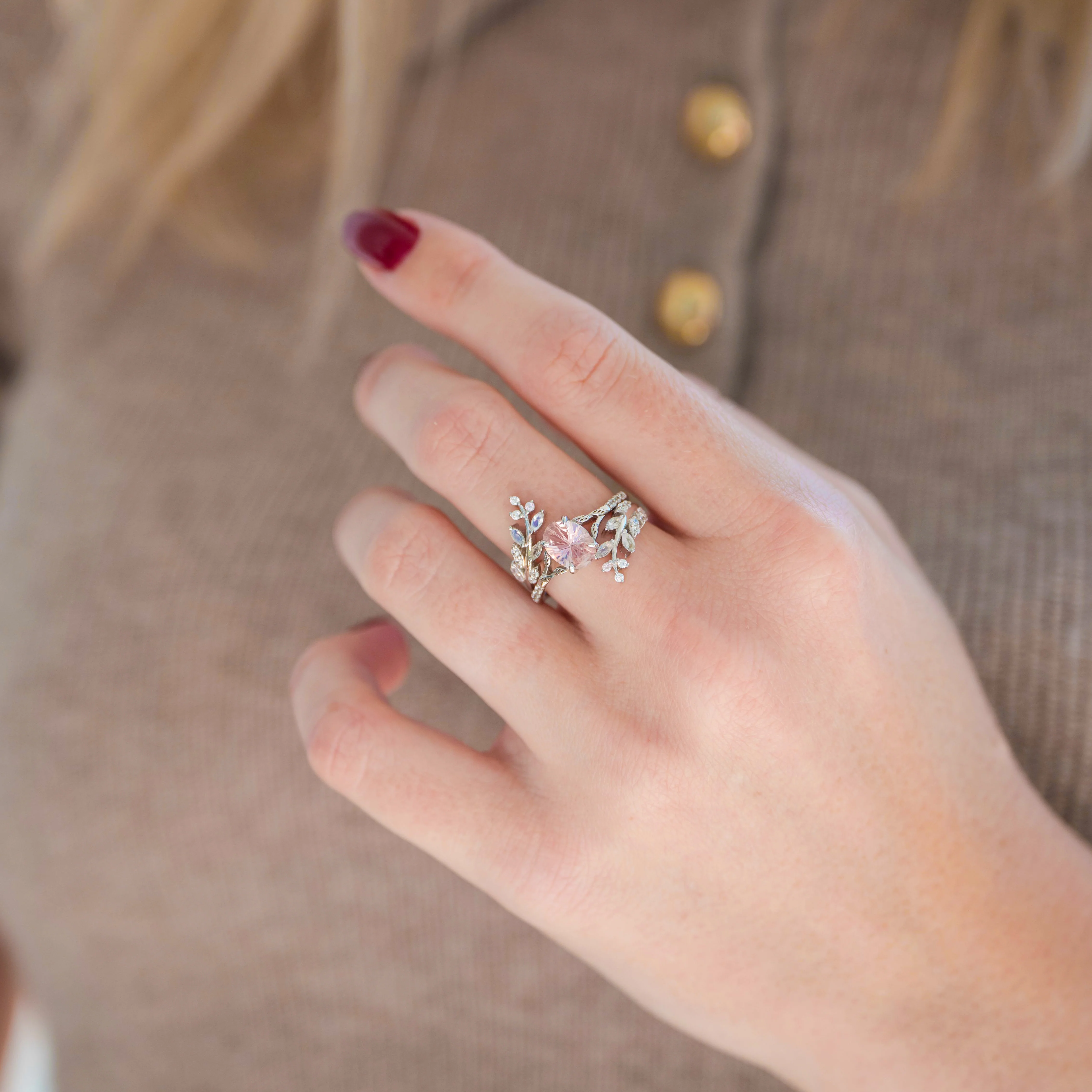 Fireworks Cut Morganite & Moonstone Leaf Couples Ring Set - Image 6